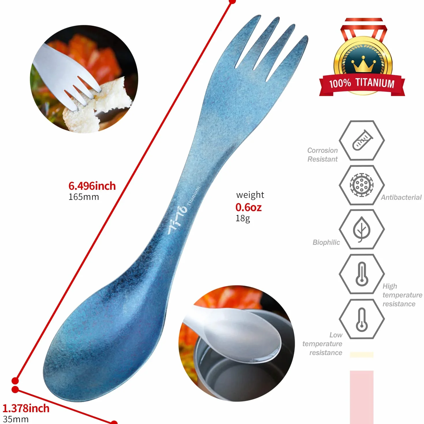TiTo Titanium Spork Ultralekki łyżko-widelec 2 w 1, zastawa stołowa, na kemping, na świeżym powietrzu, do wędrówki z plecakiem, podróży, na piknik, z torebką, niebieski