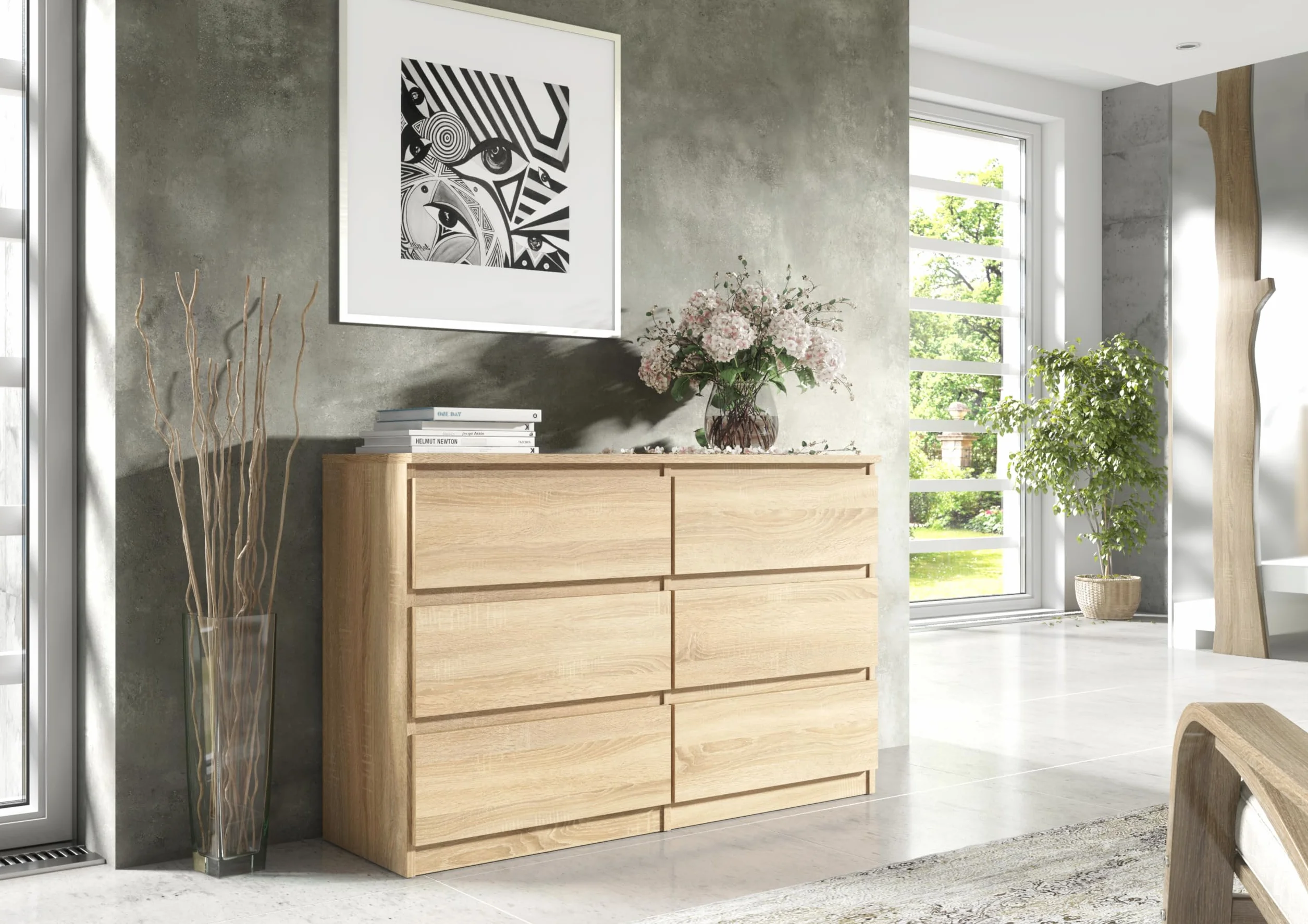 Meble Masztalerz Komoda Dąb Sonoma Mat 6 szuflad 138,6x78,5x39 cm do salonu sypialni