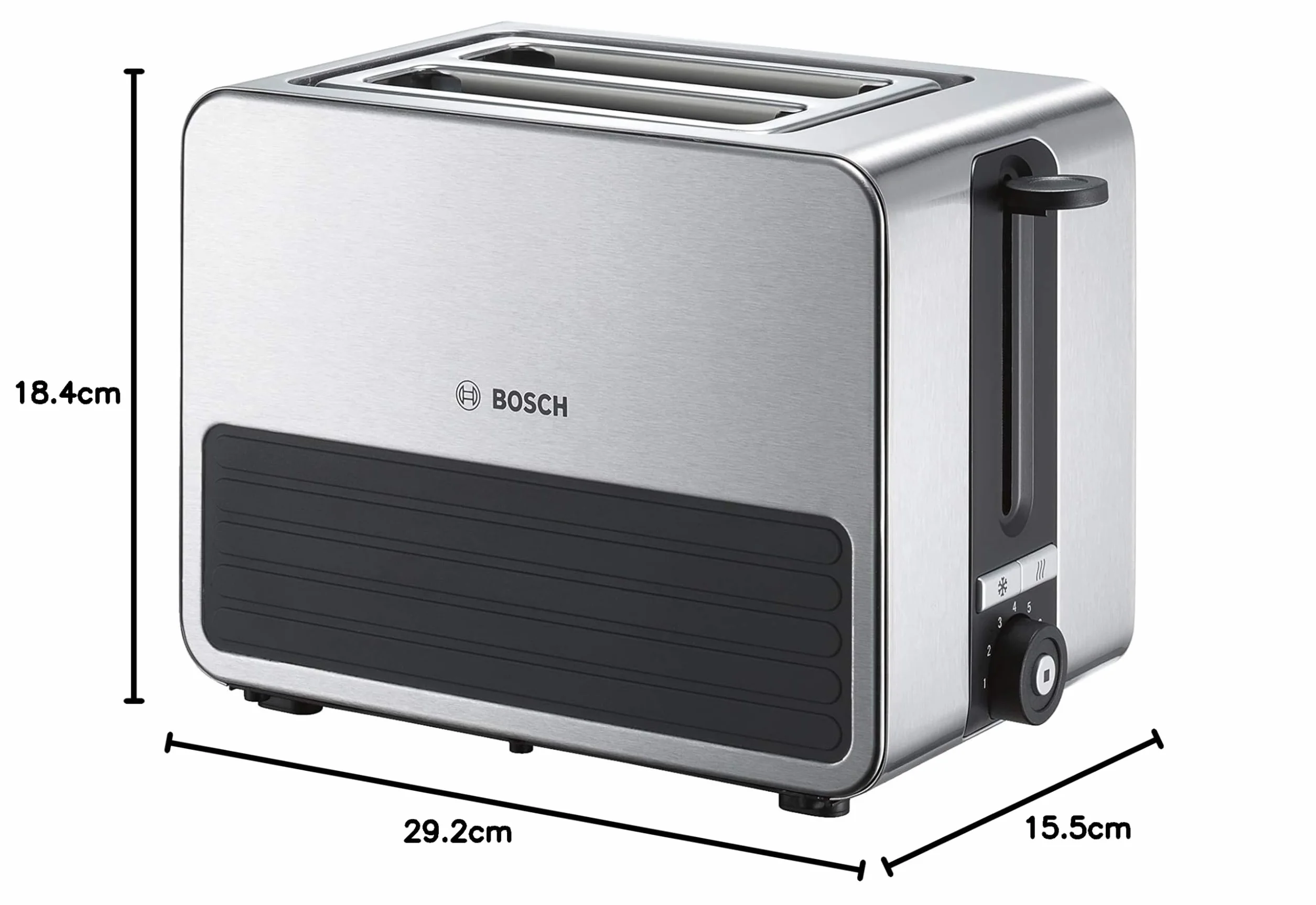 Bosch kompaktowy toster TAT7S25, zintegrowana nasadka do bułek ze stali nierdzewnej, z automatycznym wyłącznikiem, z funkcją rozmrażania, idealny na 2 kromki tostów, szeroki, funkcja podnoszenia, 1050