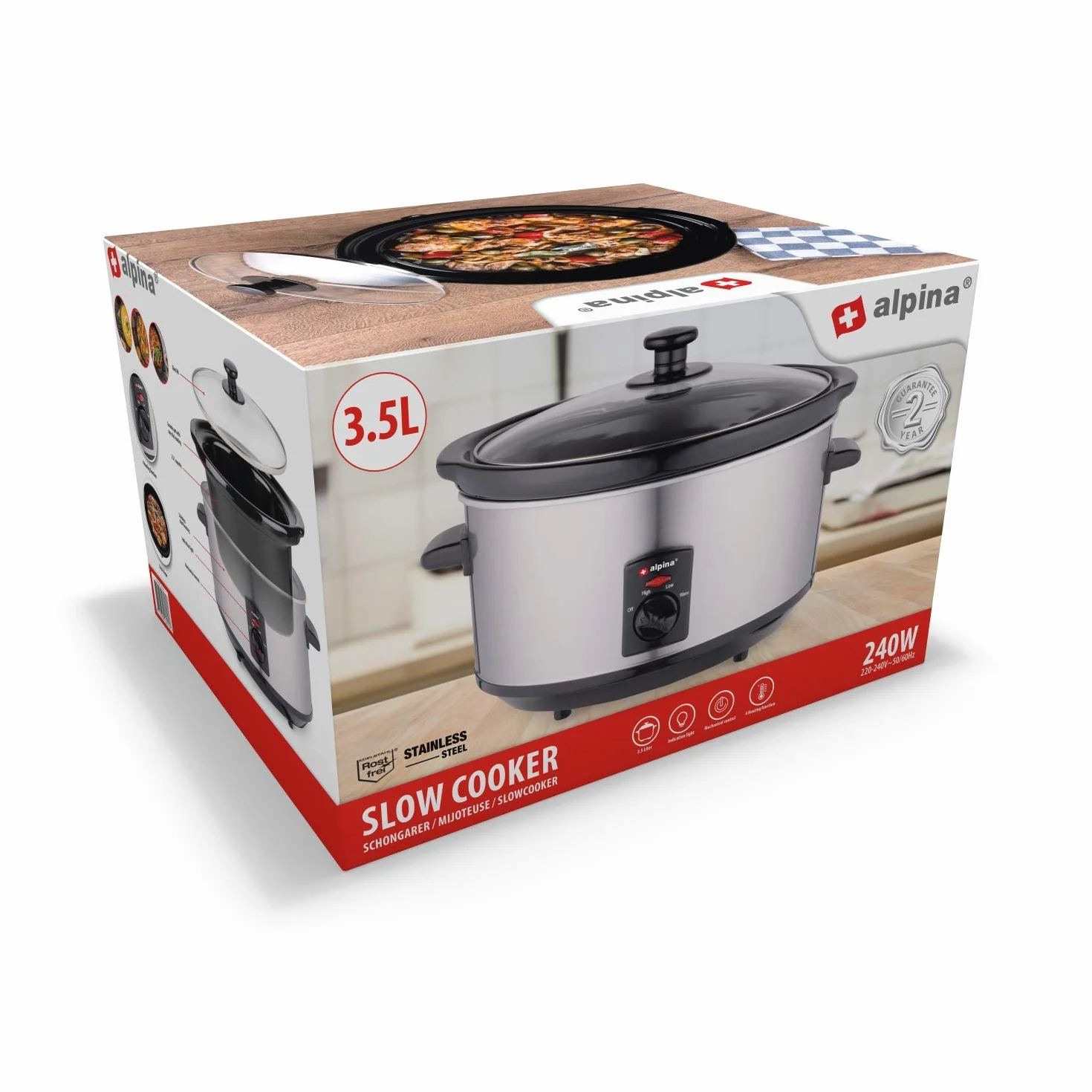 Alpina Slow Cooker 3,5L Ceramiczny Stal Nierdzewna 3 Stopnie Grzania