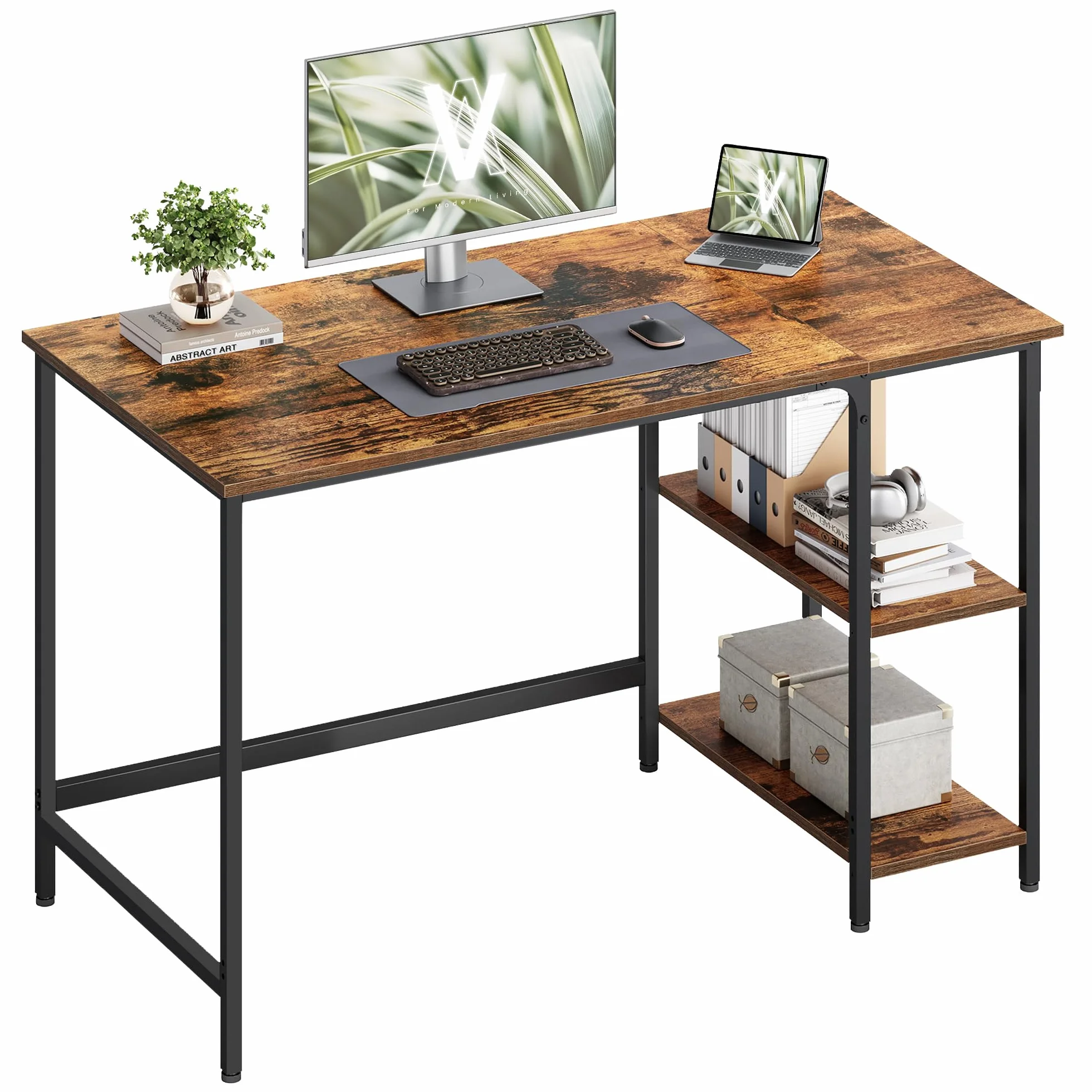 VASAGLE Biurko, stolik komputerowy, stolik pod PC, biurko, 120 x 60 x 76 cm, z 2 półkami po prawej lub lewej stronie, 120 x 60 x 75 cm, do biura, salonu, stalowa rama, brązowo-czarny vintage LWD47X
