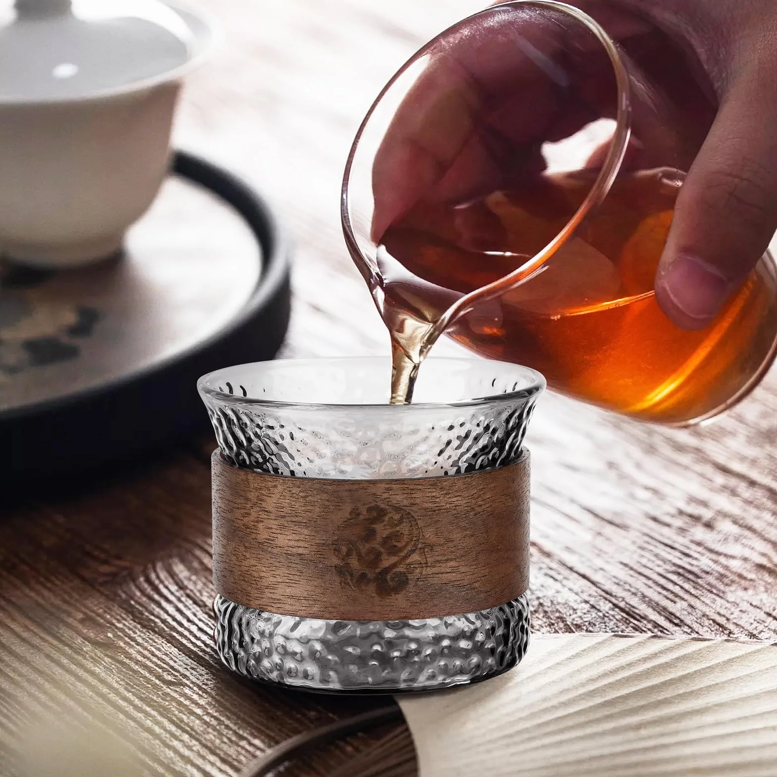 Zestaw 2 filiżanek do espresso, szklanych, 150 ml, z drewnianym pierścieniem odpornym na oparzenia, filiżanki do espresso i mokki do espresso, herbaty, mokki