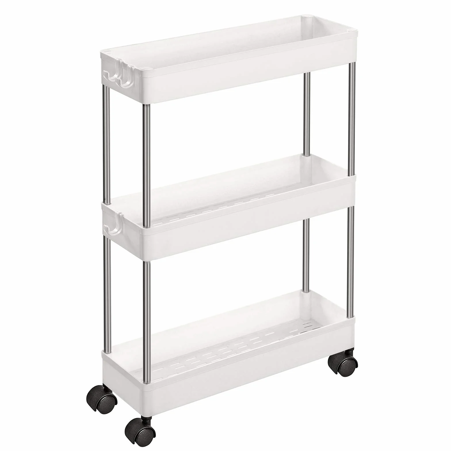 SONGMICS Wózek, wózek kuchenny z 3 poziomami, półka kuchenna, półka niszowa, z 6 hakami, kółka obrotowe 360°, zamykana, stalowa rama, łazienka, kuchnia, biuro, biały KSC007W01