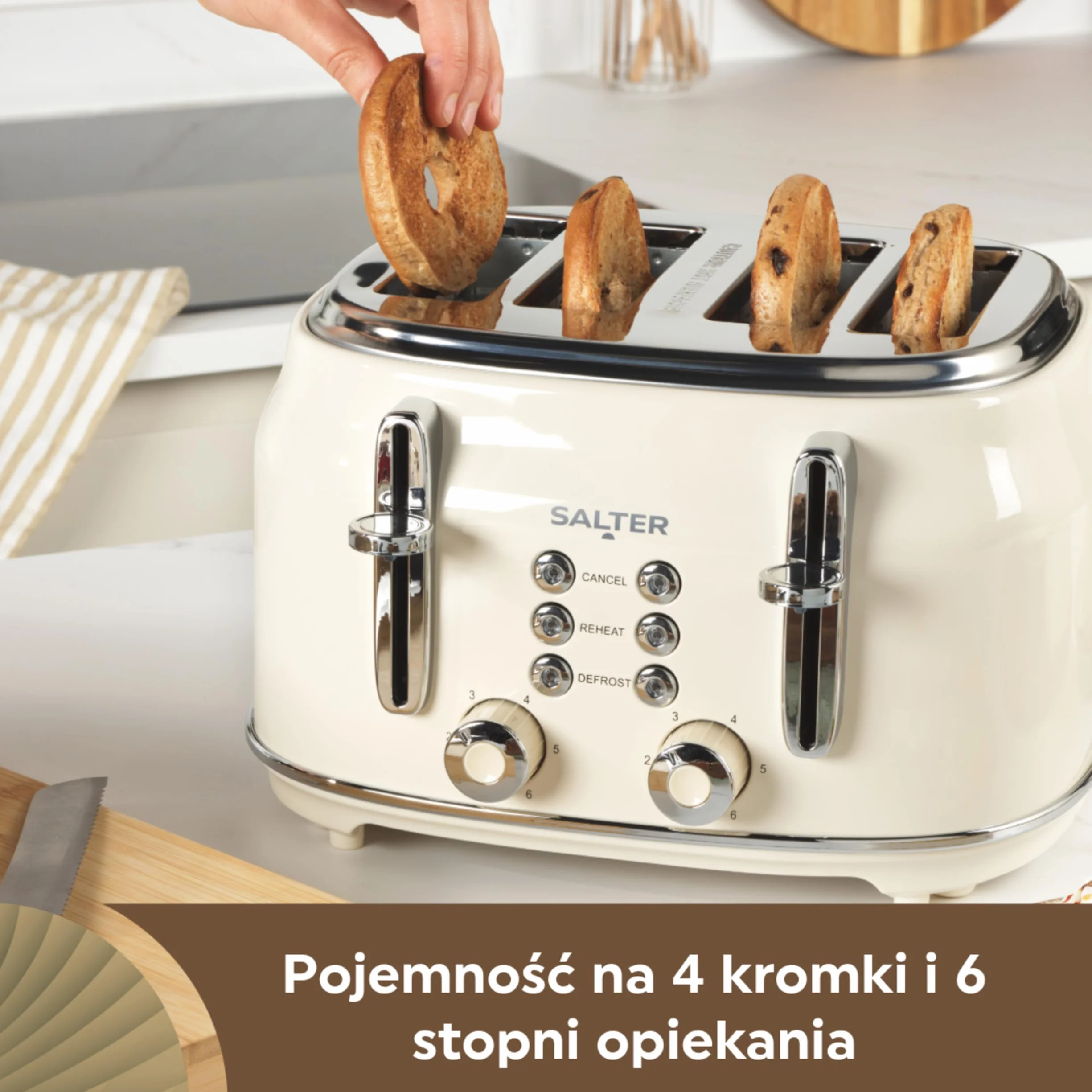 Salter EK5739CRM Retro Toster Szerokie szczeliny 6 poziomów opiekania funkcja rozmrażania podgrzewania