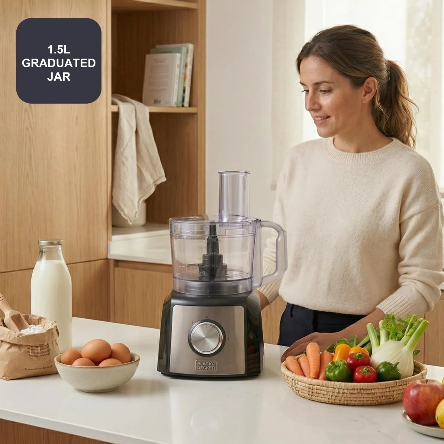 BLACK+DECKER BXFPA1200E robot kuchenny, 1200 W, pojemnik 1,5 l, 2 poziomy prędkości/funkcja turbo, 8 akcesoriów, ochrona przed odciskami palców, ostrza i tarcze ze stali nierdzewnej, nie zawiera BPA