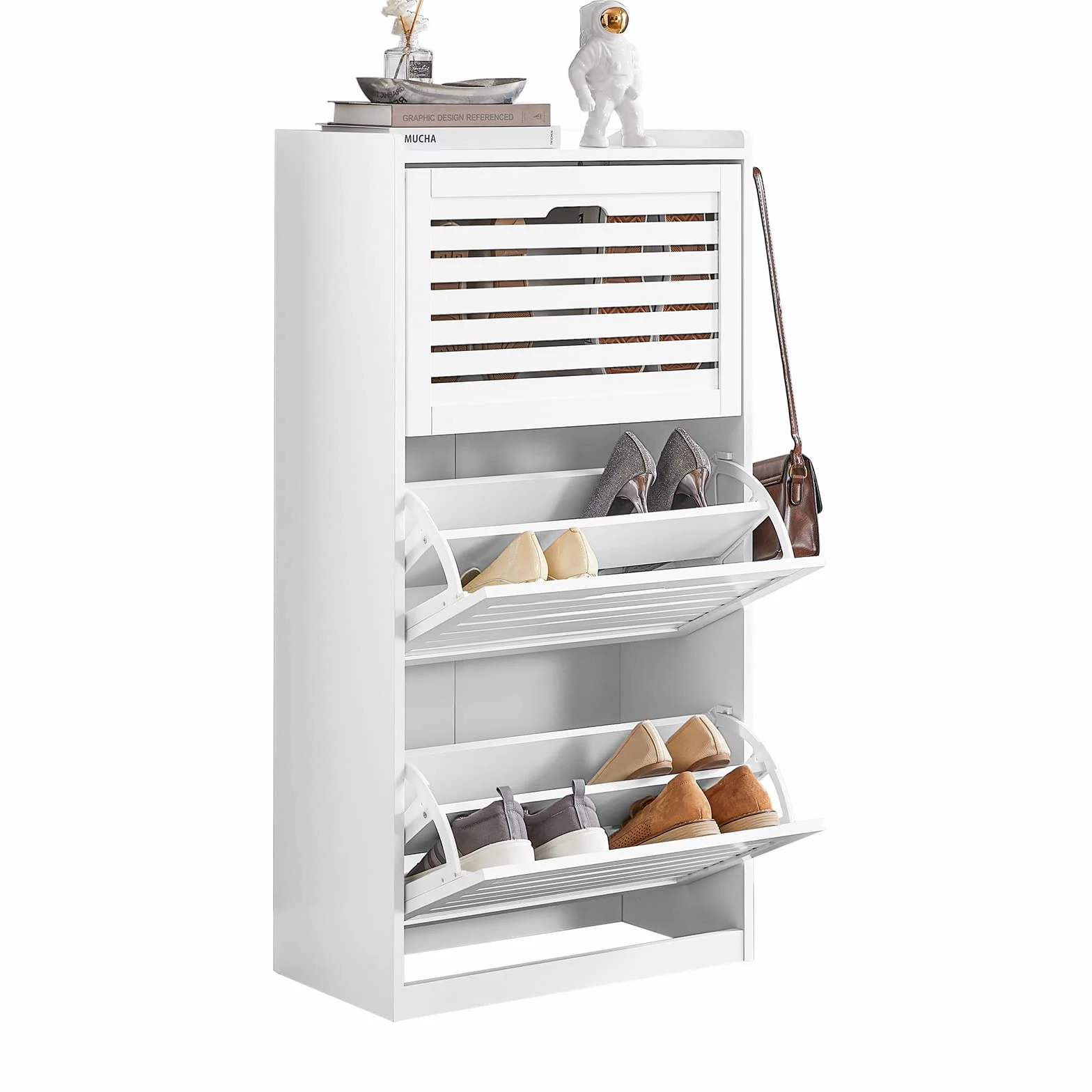 SoBuy FSR108-W szafka na buty 3 klapy 2 haki 6 półek biała 55x112x30 cm