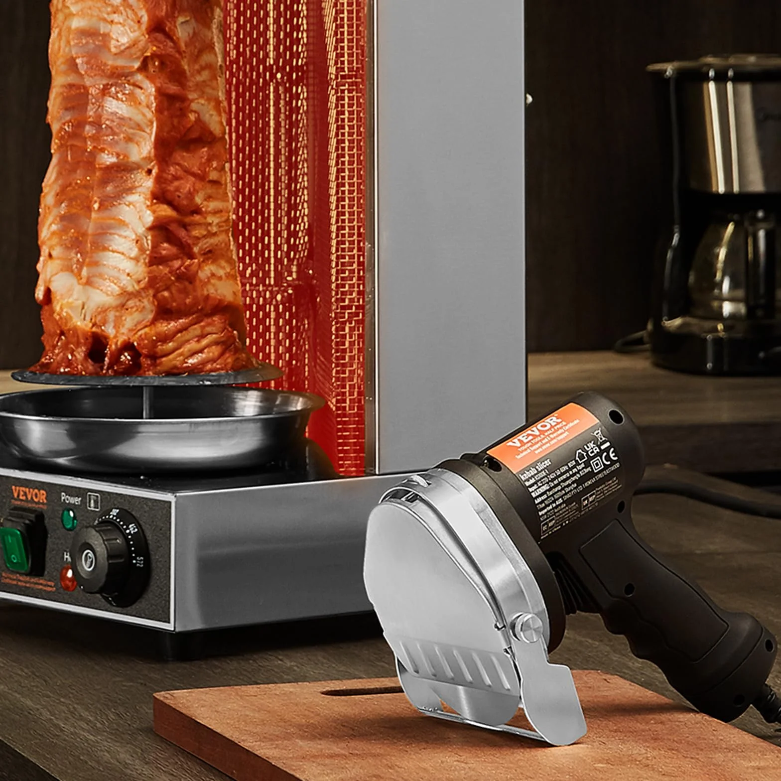 VEVOR Elektryczny nóż do kebabu 80 W, turecka krajalnica do mięsa Shawarma Döner Kebab ze stali nierdzewnej, nóż do żyroskopu z 2 ostrzami o średnicy 100 mm, regulowana grubość 0-8 mm, do restauracji,