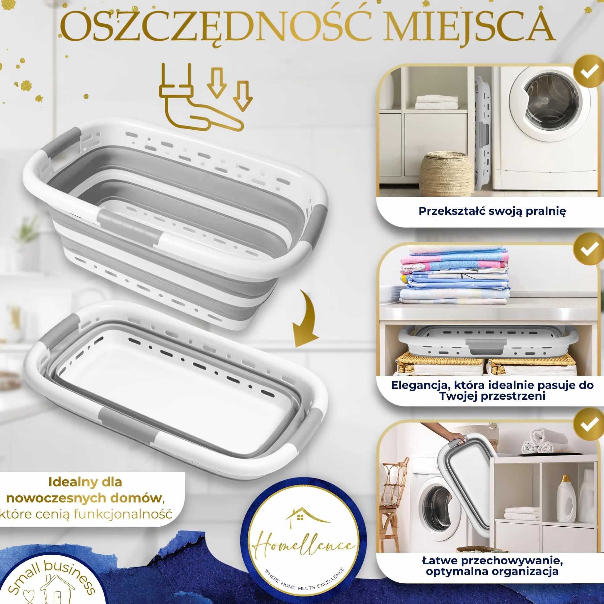 Homellence Składany Kosz na Pranie 42L - Silikonowy Plastikowy Koszyk Wentylowany - 65x40x27/8,5cm Szary