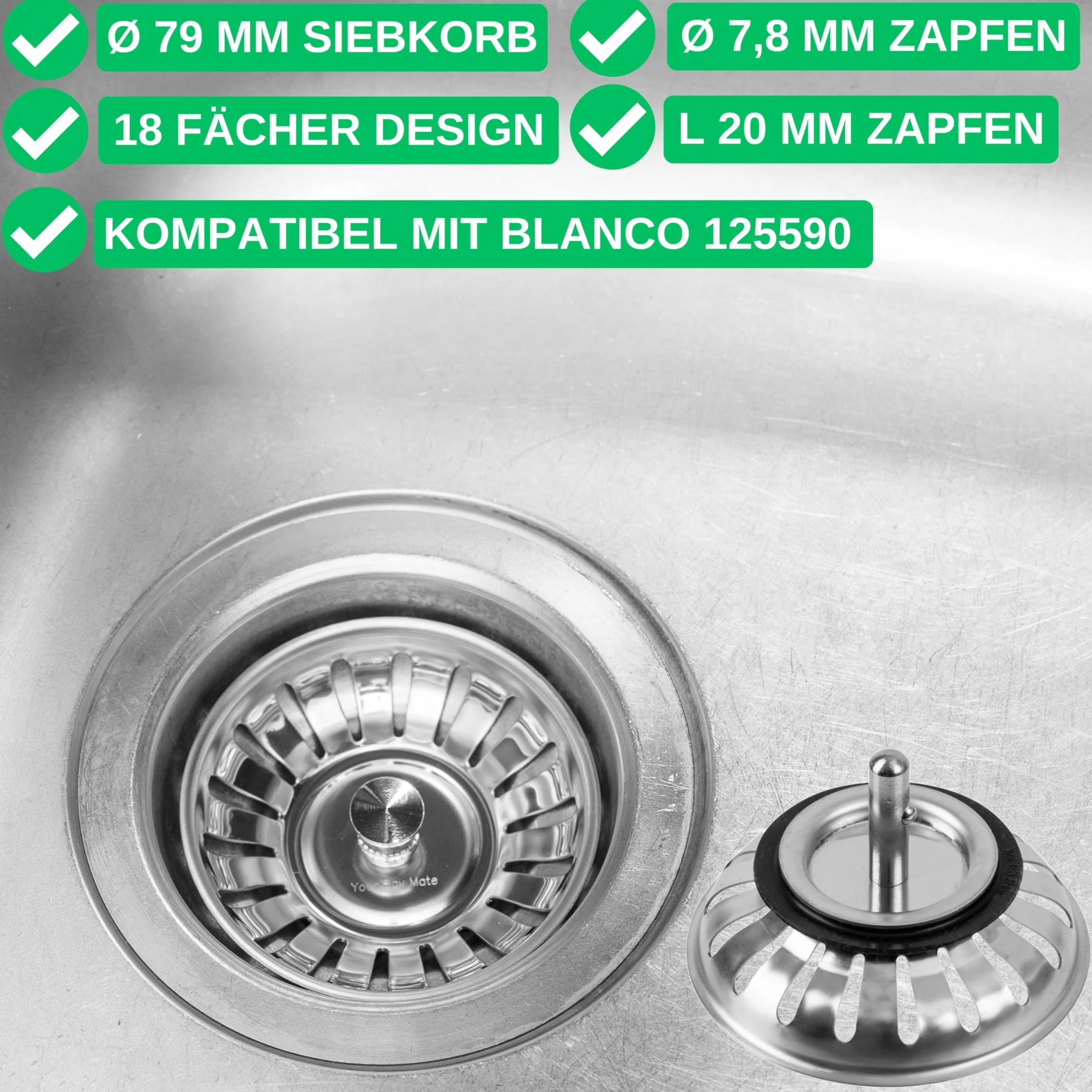 Kosz sitkowy do zlewu kuchennego Ø 79 mm zamiennik 125590 kompatybilny Blanco 3,5" czop 20 mm
