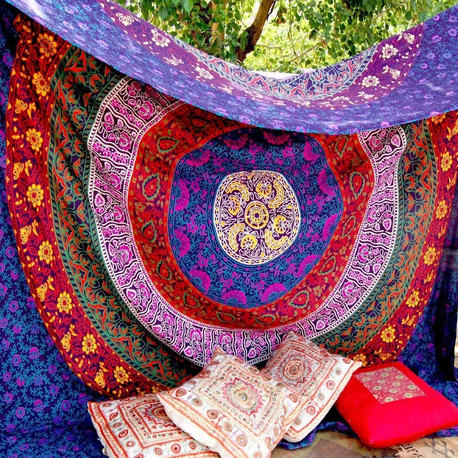 RAJRANG Gobelin z mandalą do sypialni, boho, hipisowski, kwiatowy, psychodeliczne gobeliny, indyjski, etniczny koc plażowy do salonu, dekoracja ścienna, 137 x 213 cm, różowo-fioletowy