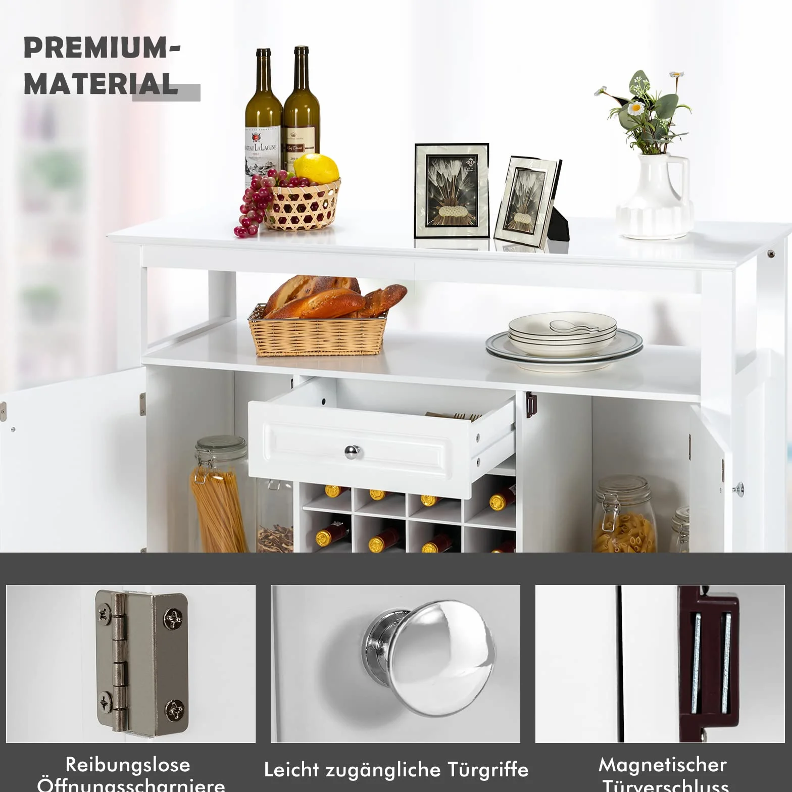 GOPLUS Kredens z Regałem na Wino Szafka Kuchenna 117x40,5x85,5 cm Biały