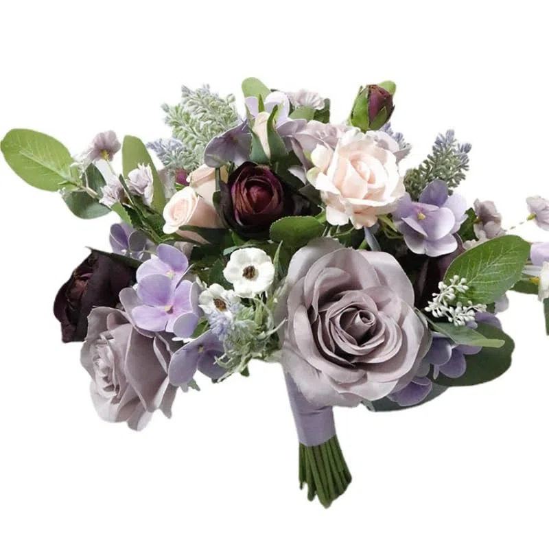 Fioletowy bukiet ślubny panny młodej druhny jedwabna wstążka róże sztuczne kwiaty trzymające panna młoda Mariage akcesoria ślubne dobrodziejstw (Color : Small style bouquet)