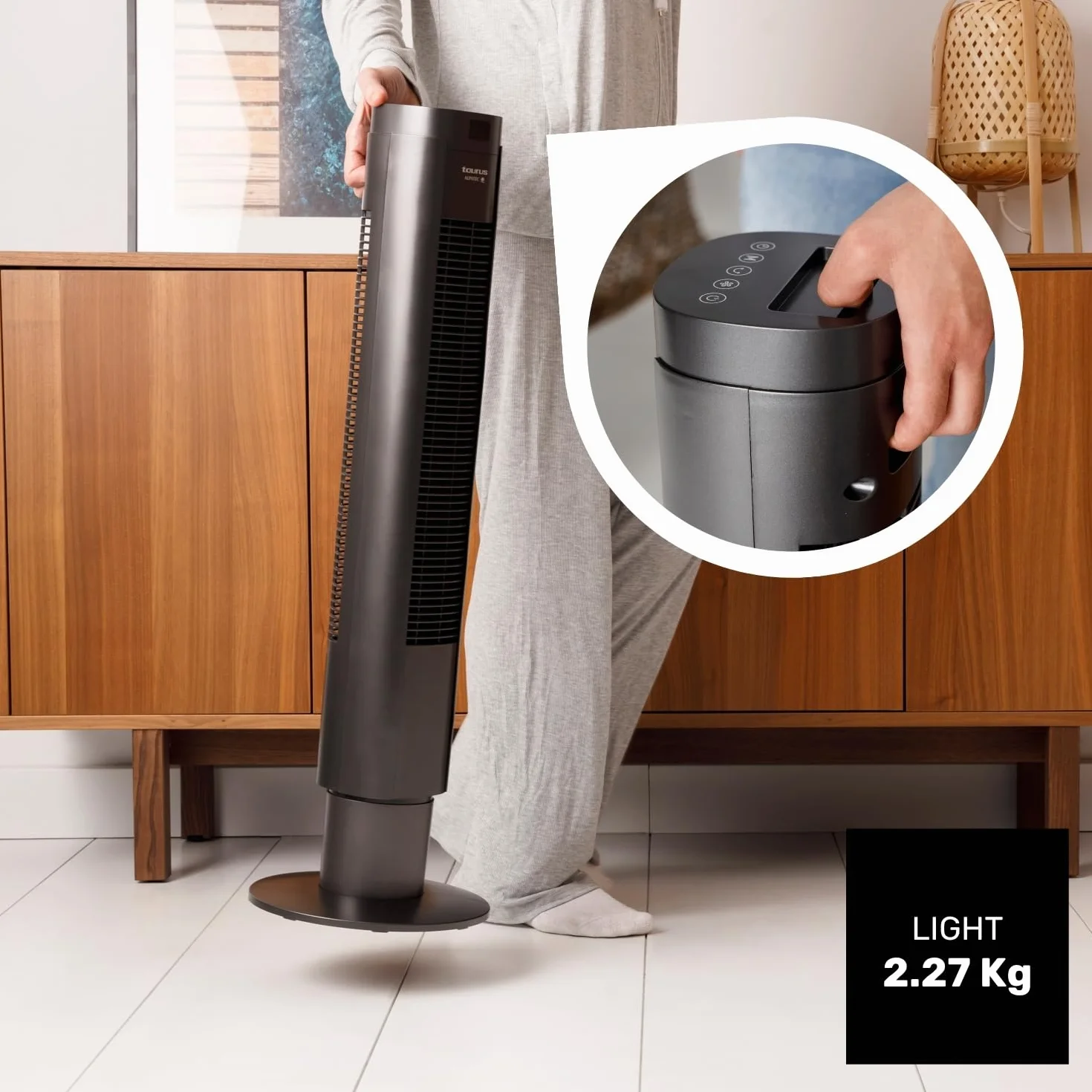 TAURUS BABEL II RCH - Wentylator wieżowy, 50W, wysokość 86 cm, 4 prędkości, 3 tryby pracy, 7,5h timer, oscylacyjny, dotykowy, cyfrowy wyświetlacz, pilot zdalnego sterowania