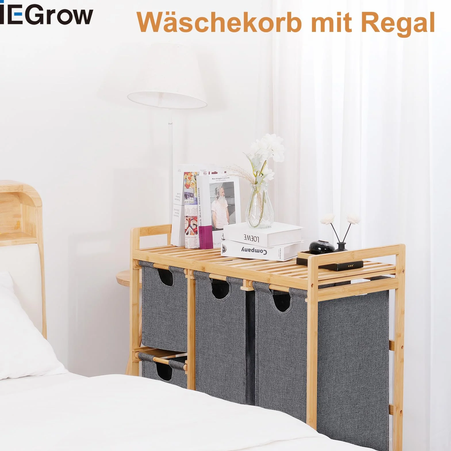 iEGrow Kosz na pranie, 3 przegródki z półką, bambusowy kosz na pranie na kółkach, 3 x 50 l wysuwane worki na pranie, szary organizer na pranie, 3-częściowy kosz na pranie do sypialni, łazienki, pralni
