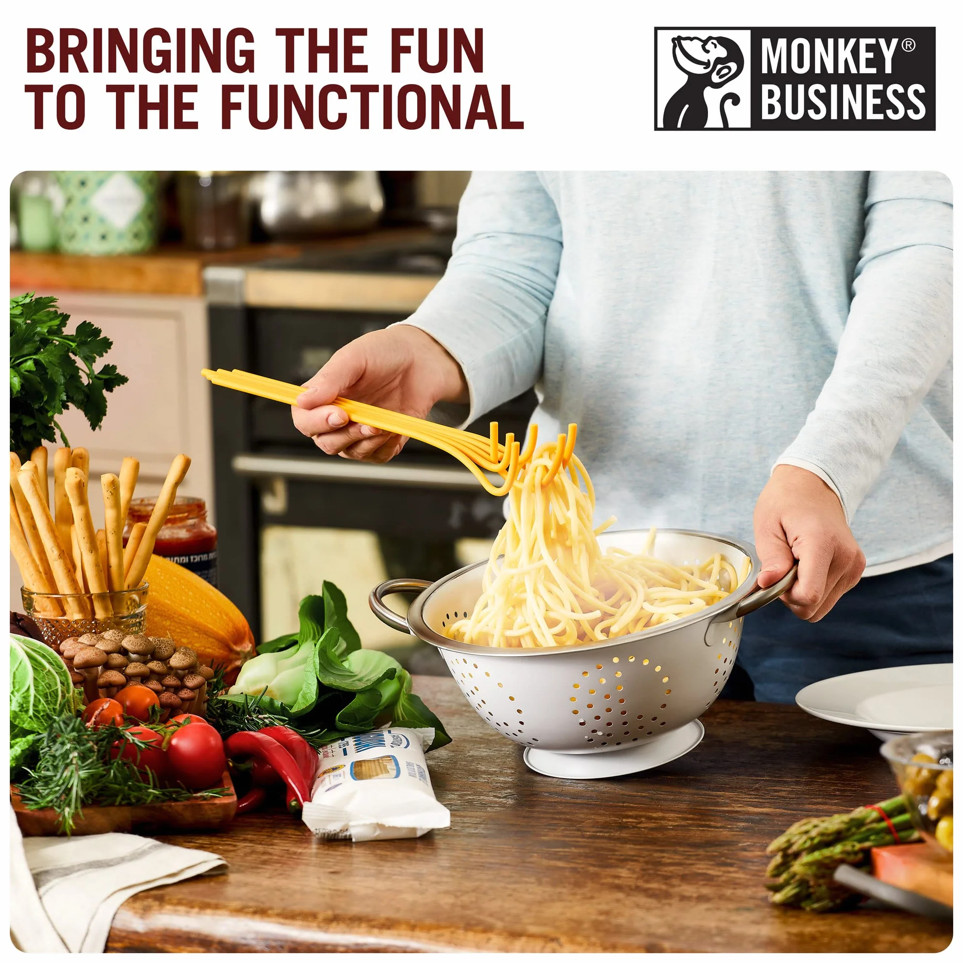 Monkey Business Łyżka do serwowania spaghetti / widelec do makaronu, tworzywo sztuczne, biały, błyszczący, nadaje się do mycia w zmywarce, 1 sztuka, oryginalne akcesoria kuchenne