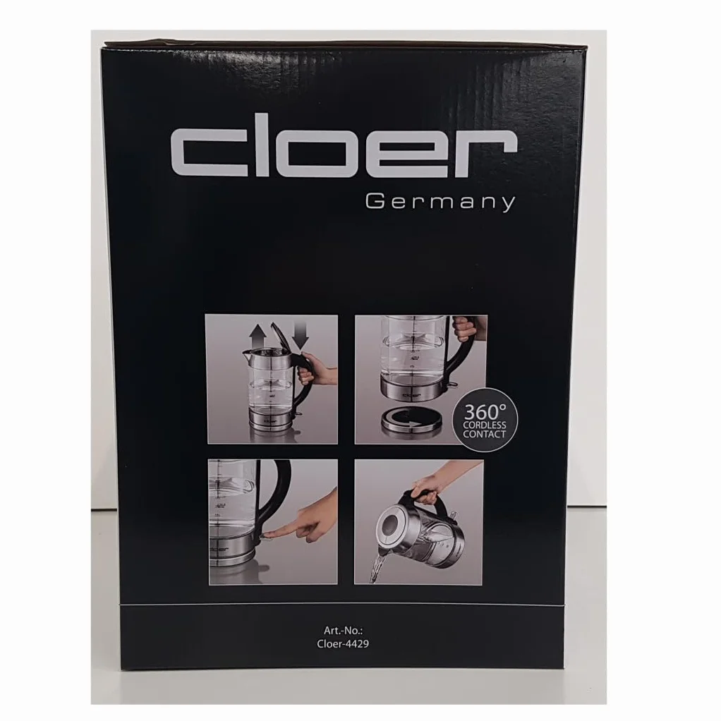 Cloer 4429 Czajnik szklany, 2200 W, podświetlenie LED, pokrywa bezpieczeństwa, ukryty element grzejny, 1,7 l, stal nierdzewna