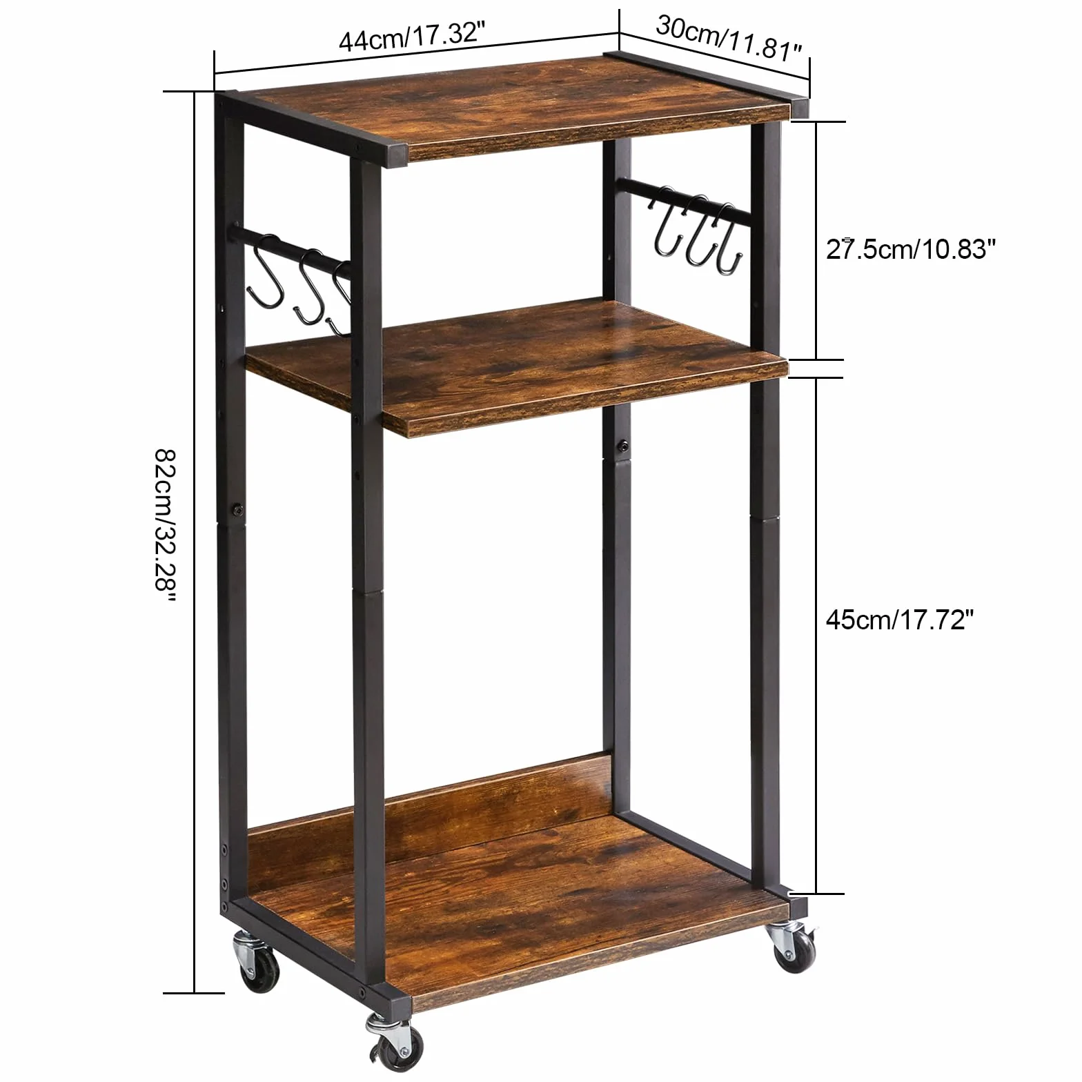 YMYNY HPT002H Mobilny stojak na drukarkę 3-poziomowy wózek pod biurkiem 44 x 30 x 82 cm rustykalny brązowy czarny