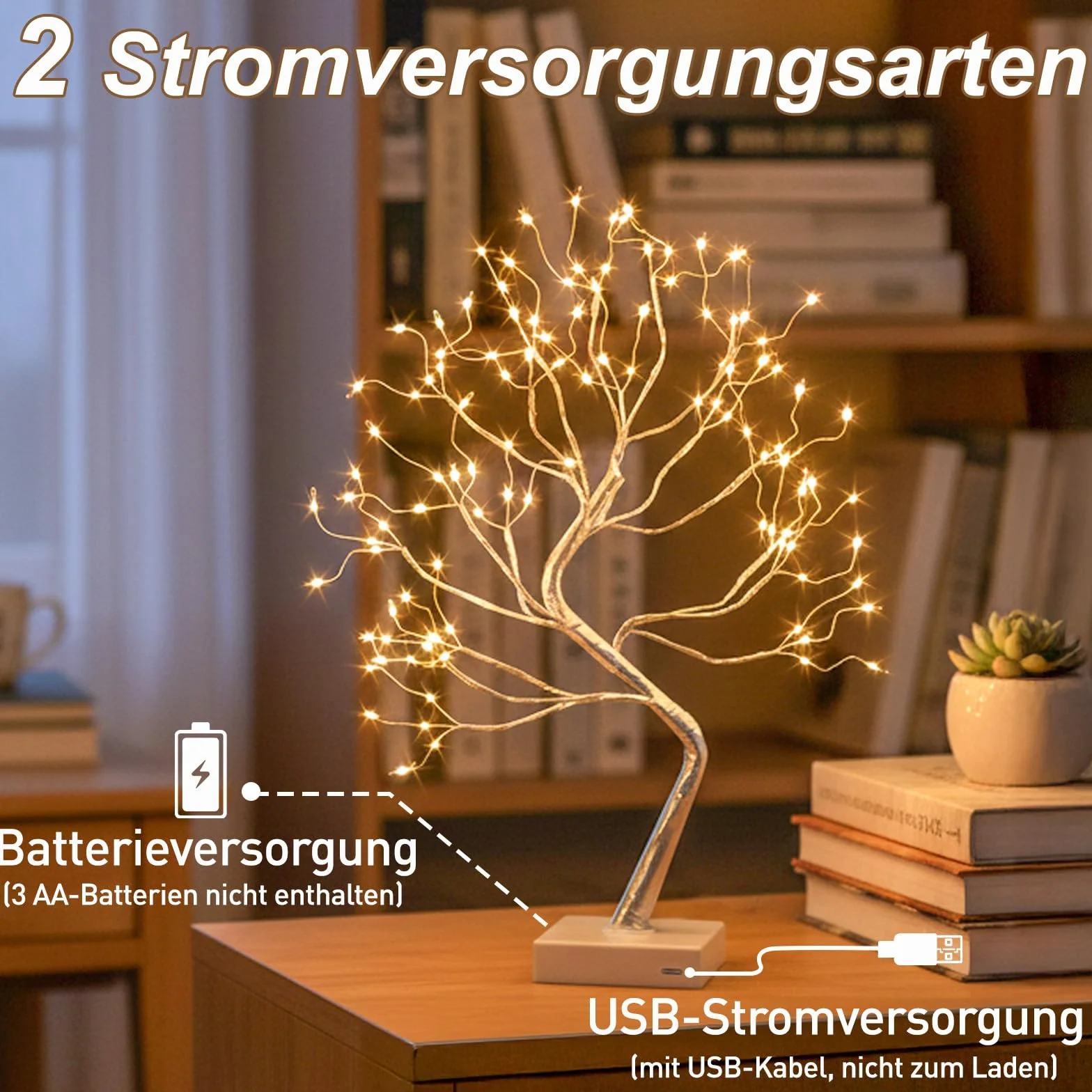 Drzewko świetlne do użytku w pomieszczeniach, 108 diod LED, ciepła biel, drzewko bonsai, dekoracja ścienna, regulowane gałęzie, zasilanie przez USB/zasilanie bateryjne, dekoracja