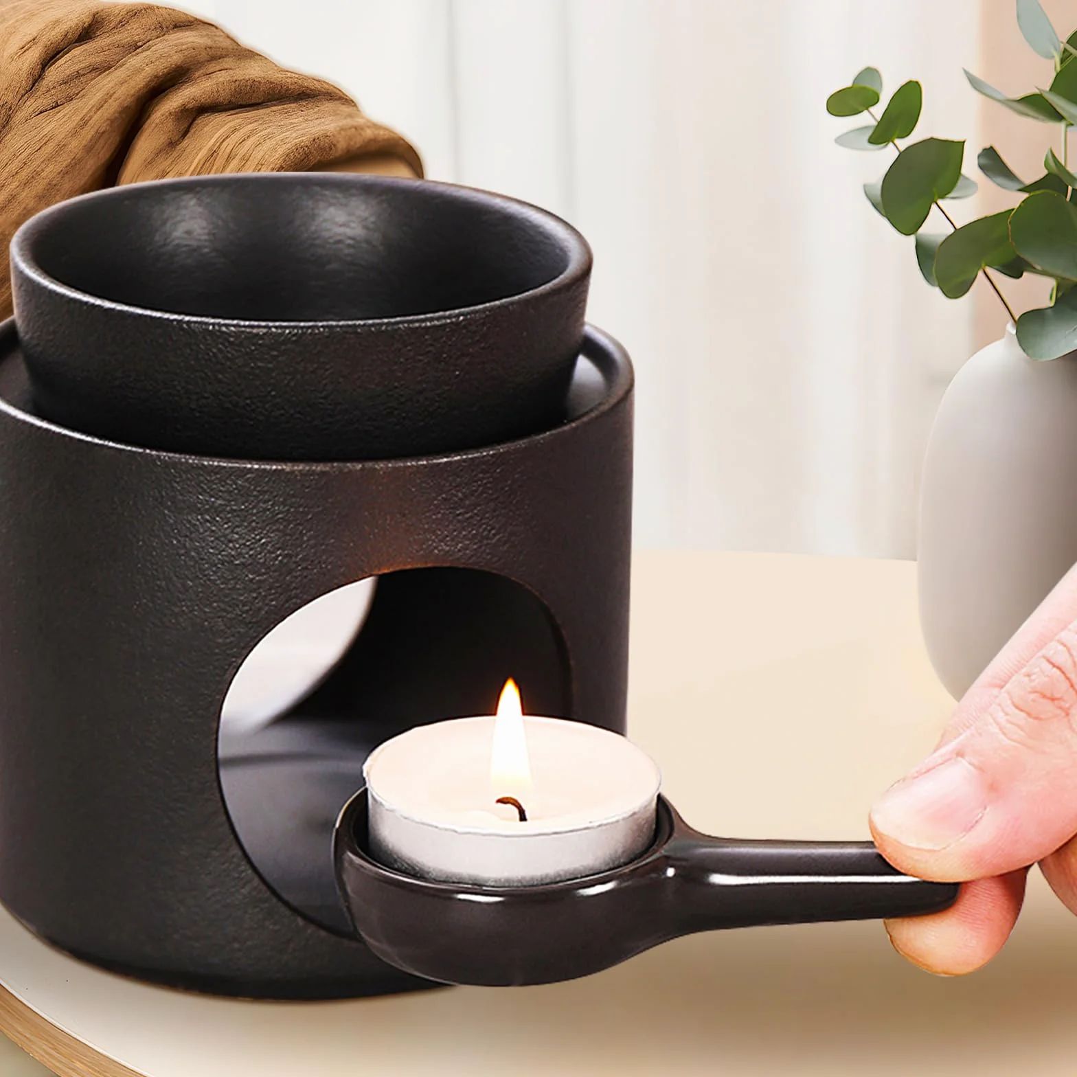 Ceramiczna lampa zapachowa z uchwytem na podgrzewacze, dyfuzor oleju i wosku, czarna