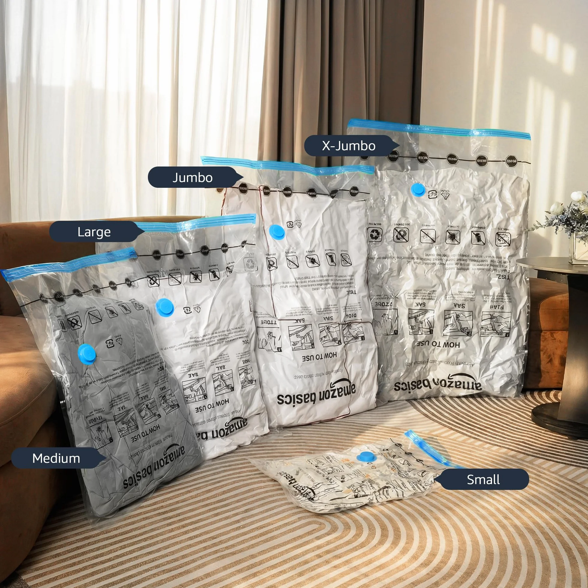 Amazon Basics Worki próżniowe do ubrań z hermetycznym zaworem i pompką ręczną – średnie, 5 sztuk, zamek błyskawiczny, przezroczyste