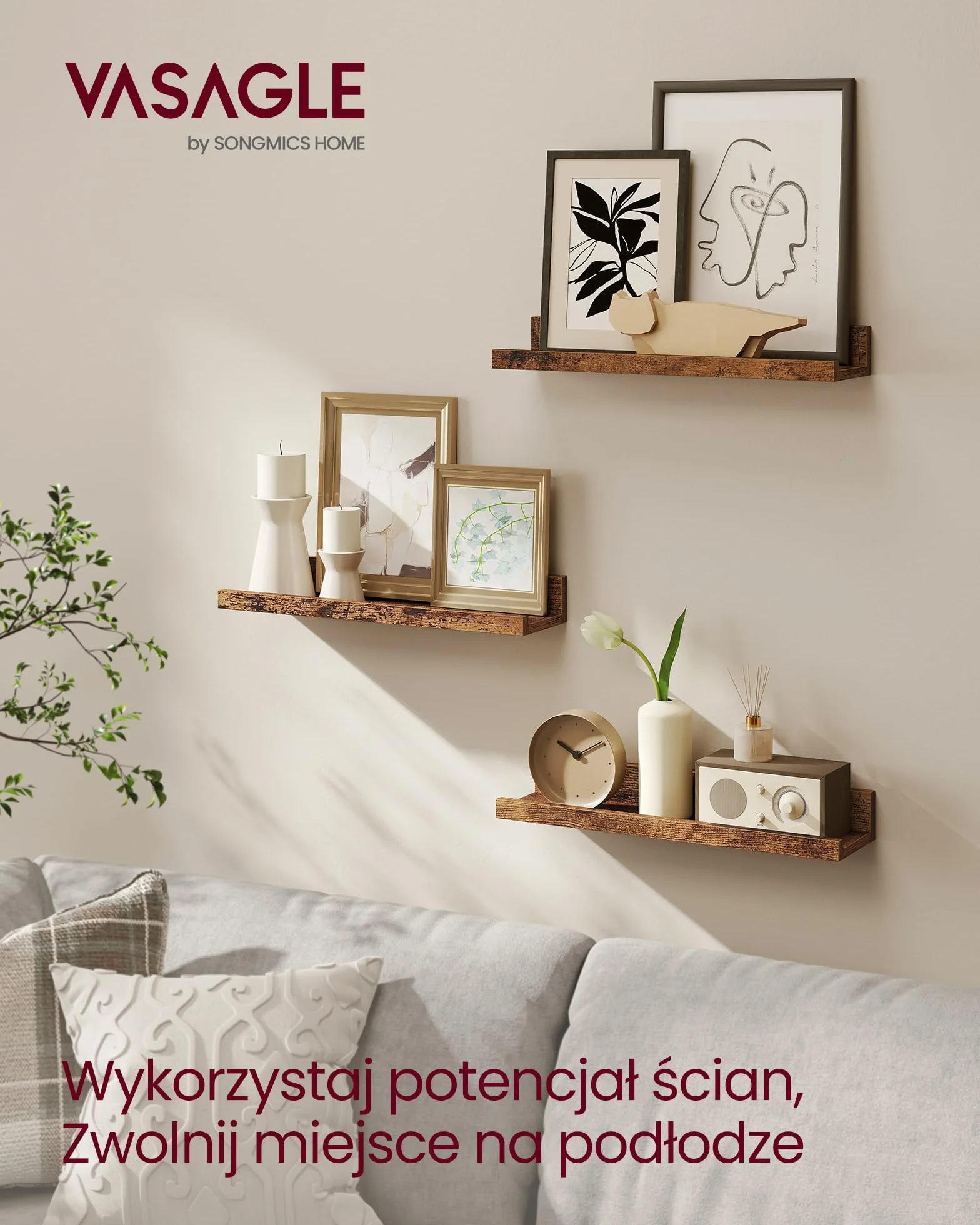 VASAGLE 3-częściowy zestaw wiszących regałów 38 cm z wysoką krawędzią brązowe rustykalne