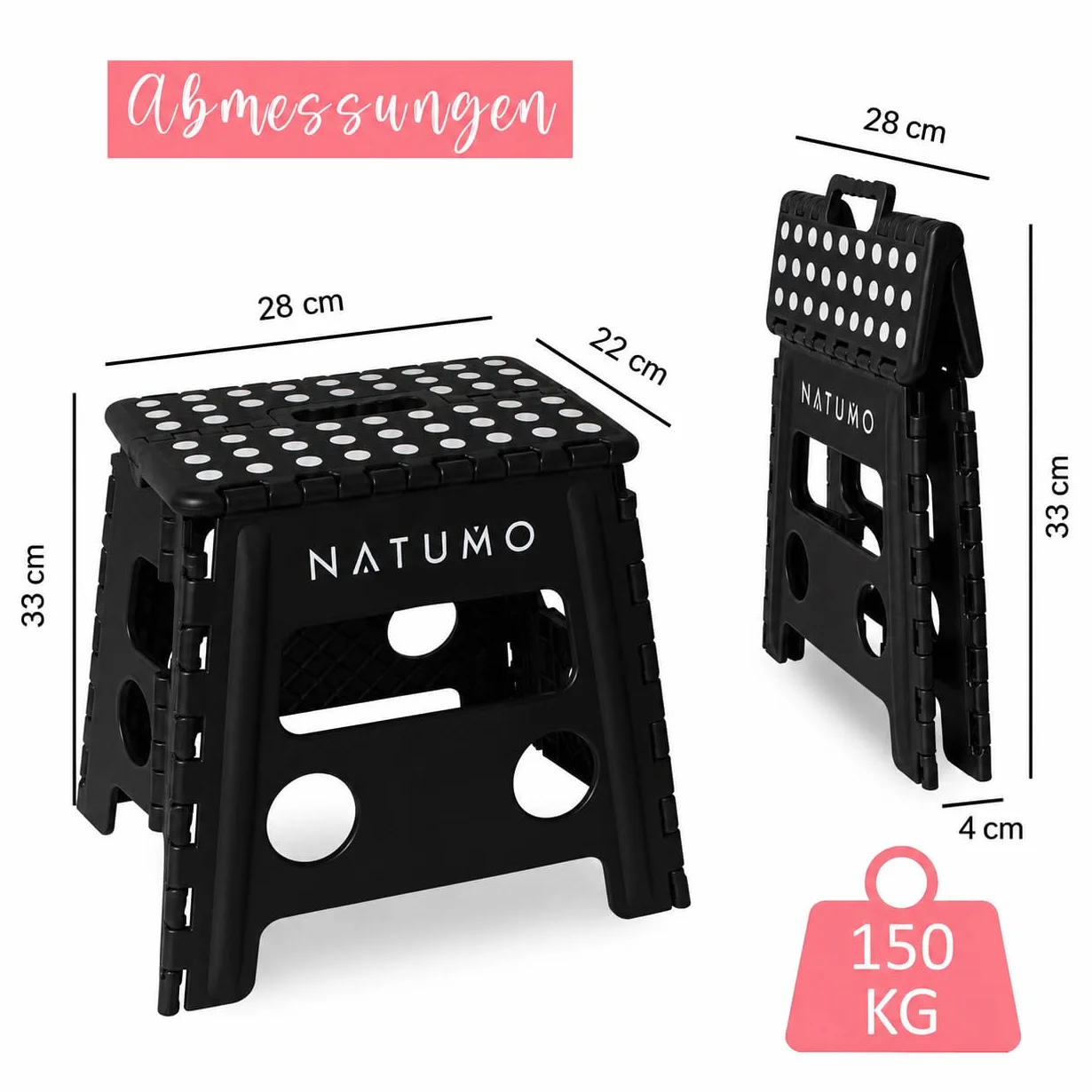 NATUMO® Składany taboret XL dla dzieci + dorosłych, lekki i antypoślizgowy, składany taboret na kemping, do łazienki, kuchni i ogrodu, 33 cm (czarny)