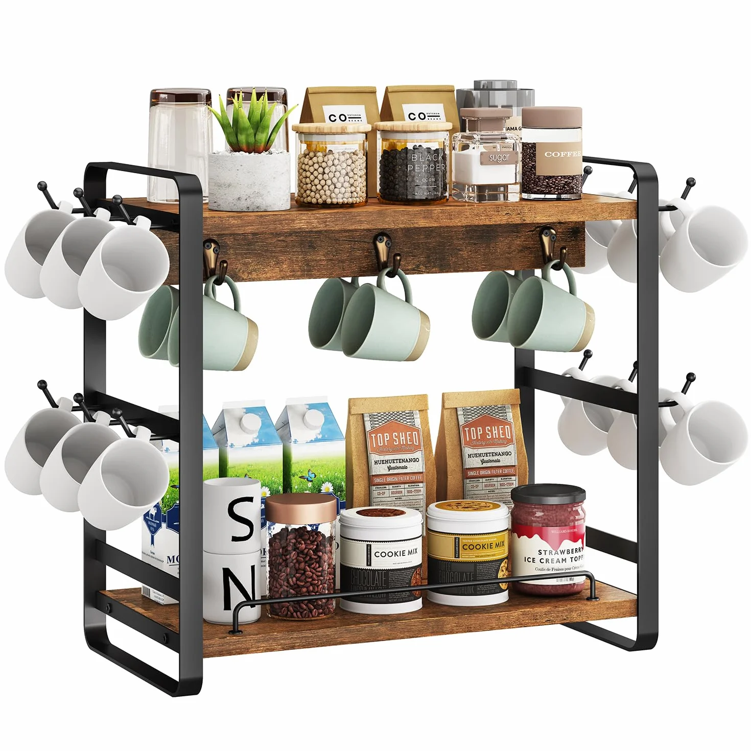IBUYKE Organizer na blat do baru kawowego, 2-poziomowy stojak na kubek kuchenny, drewniany organizer na kubki do kawy z 14 haczykami, wielofunkcyjne drzewko na kubek do domowej kuchni, biura, brązowy