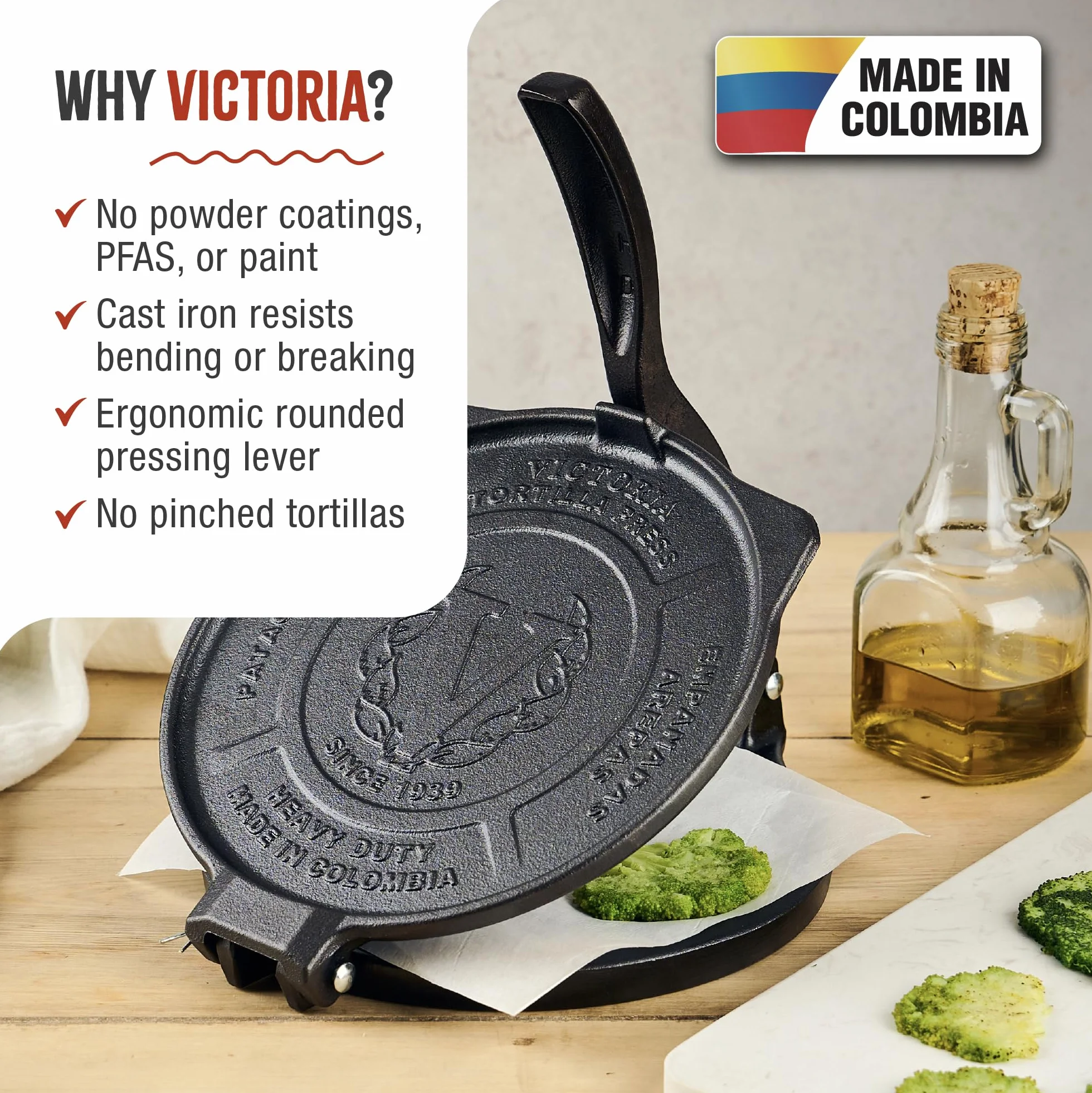 Victoria Meksykańska prasa do tortilli HD 20 cm, profesjonalna kolumbijska pataconera, roti Maker do Tacos, Arepas, Quesadillas, Empanadas, Patacones