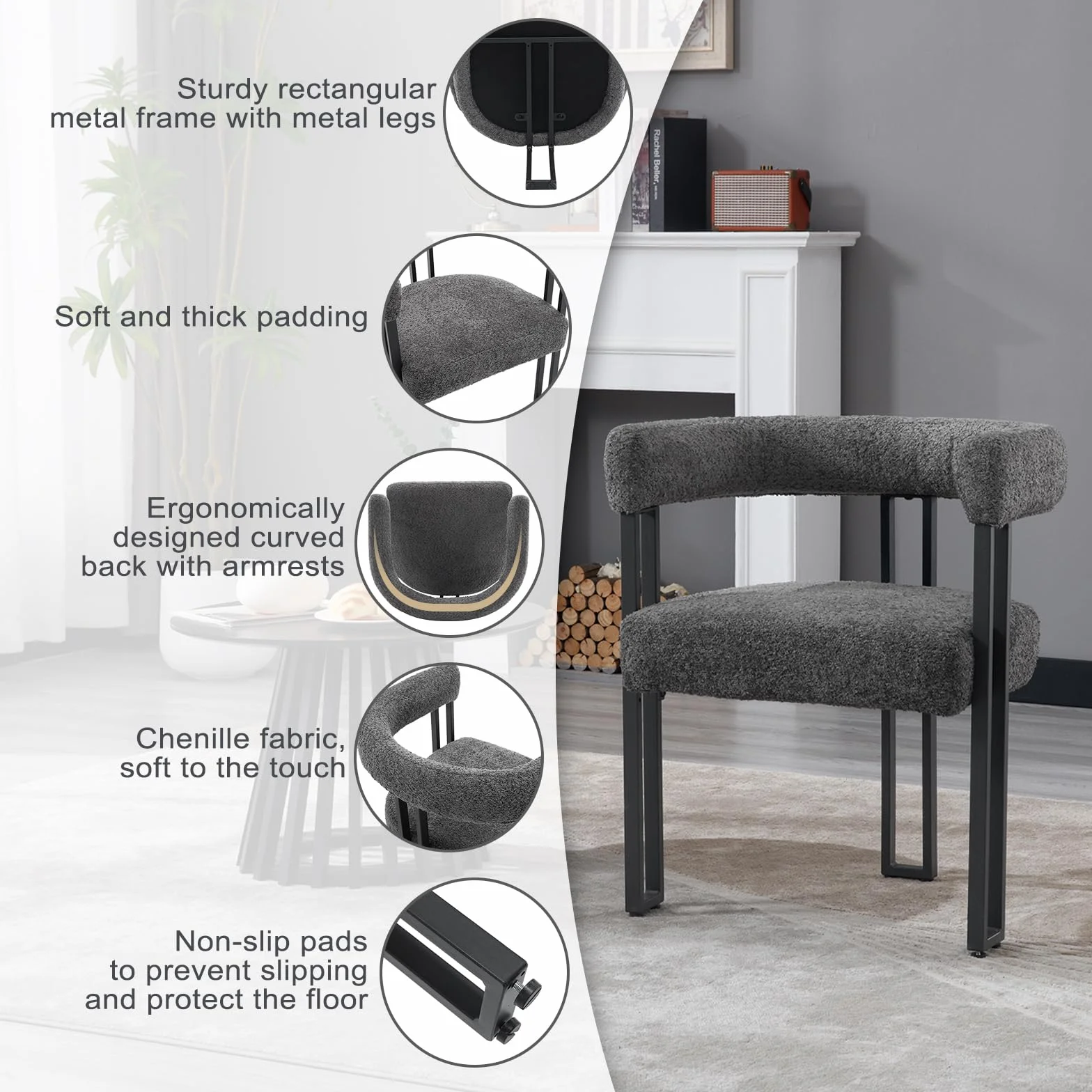 WOLTU 2 x krzesła do jadalni, krzesła z podłokietnikami, designerskie krzesło kuchenne, krzesło do jadalni, salonu, sypialni, z metalu szenilowego, ciemnoszare EZS25dgr-2
