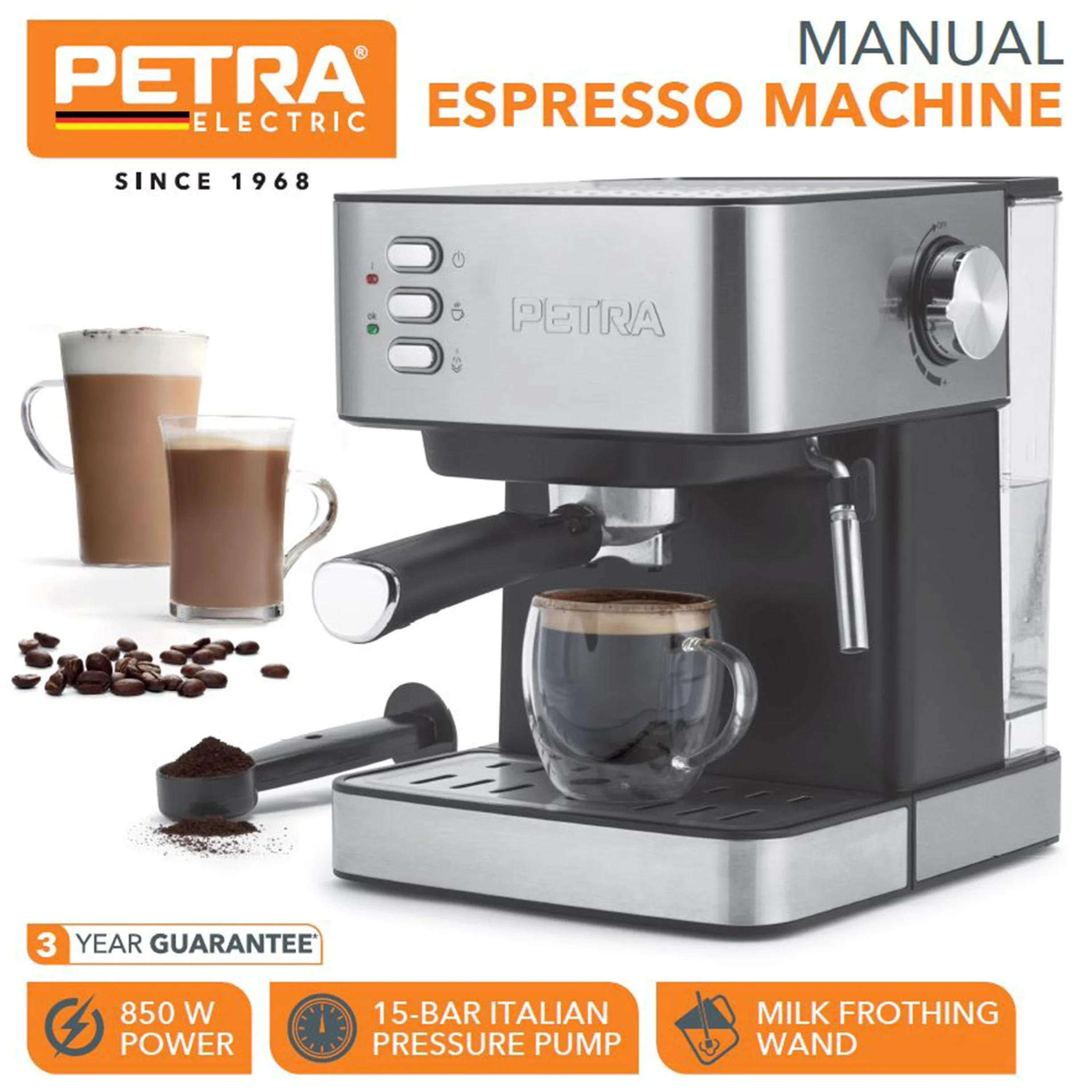 Petra Reczna maszyna do espresso z spieniaczem do mleka – kompatybilna z mielona kawa, 15-barowa wloska pompa cisnieniowa, odlaczany zbiornik na wode 1,6L, ubijak i portafilter, 850W, PT6137VDE