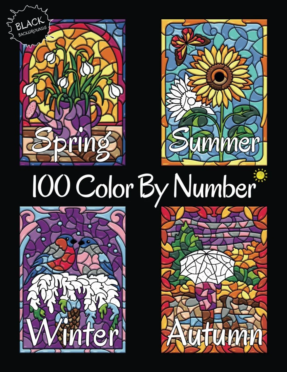 100 Color By Number Spring Summer Autumn Winter (Black Backgrounds): Coloring Book for Adults: Four Seasons Color By Number Coloring Book for Adults Relaxation