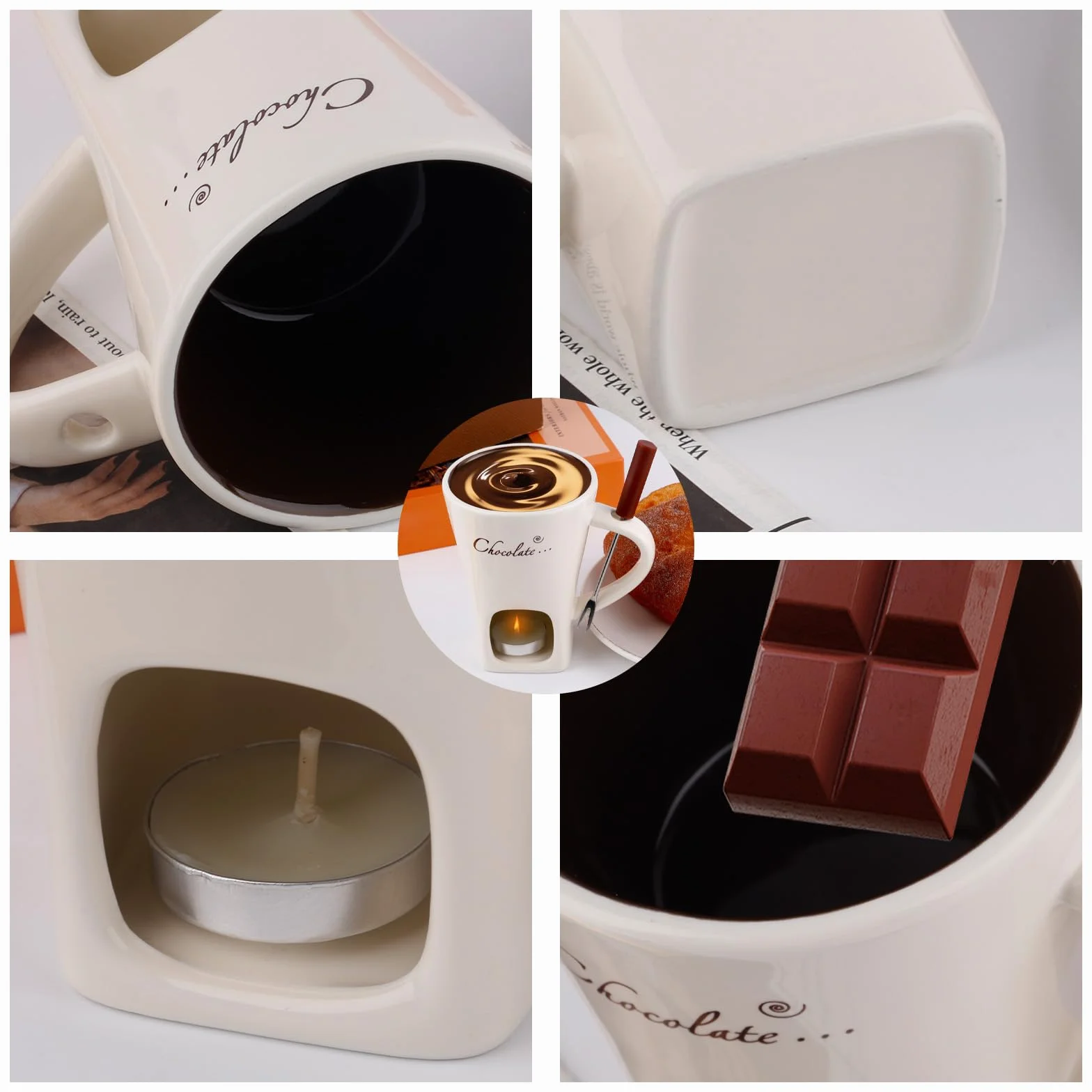 Ceramiczny Zestaw do Fondue Czekoladowego z Podgrzewaczem i Widelcem Biały