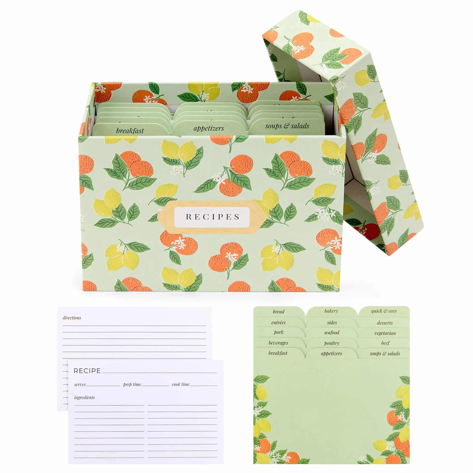 Rileys & Co Pudełko na przepisy na cytrusy, 15 x 10 cm, zawiera 50 kartek z przepisami i 15 przegródek, uroczy organizer na przepisy rodzinne, parapetówkę, prezent dla mamy, na wieczór panieński