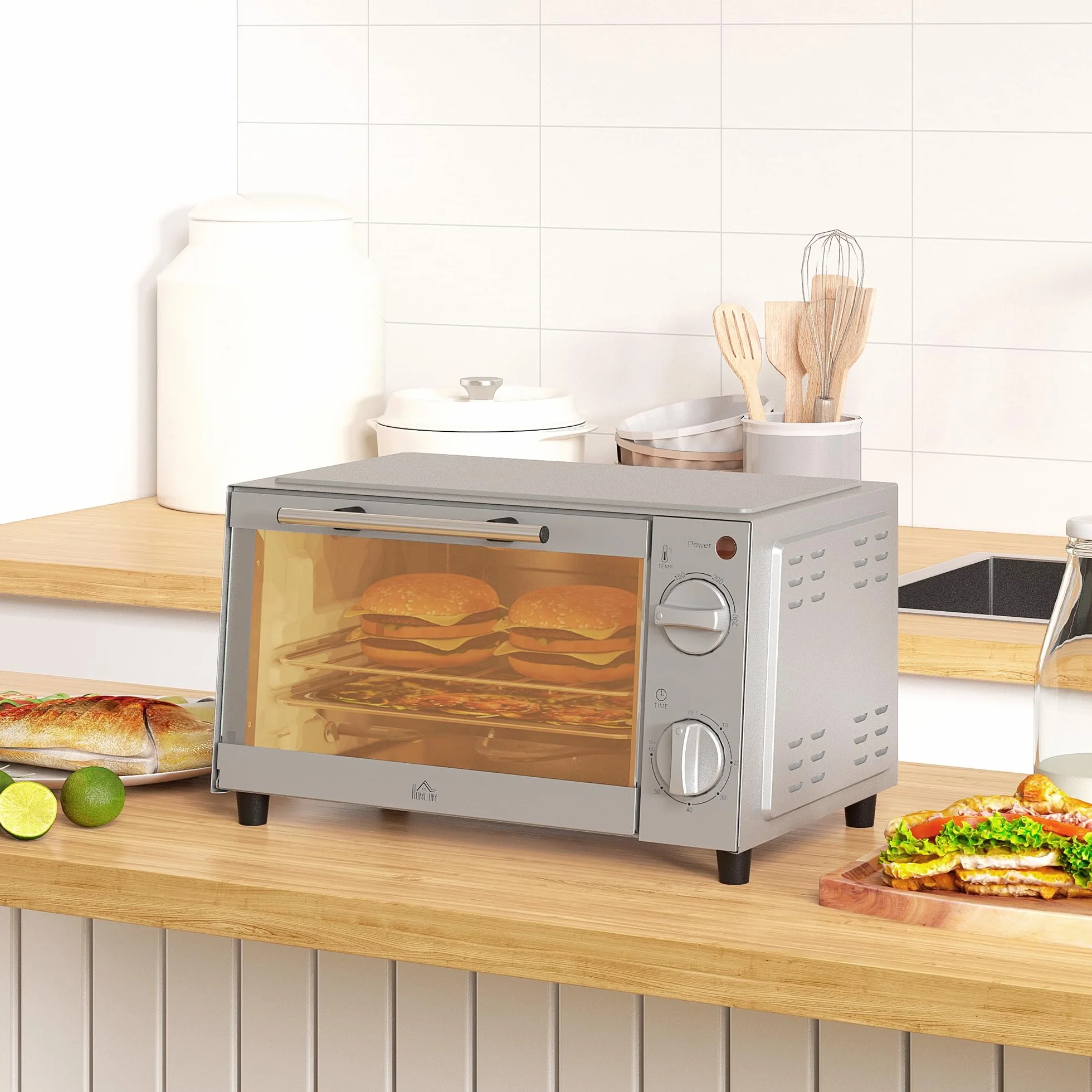 HOMCOM Mini piekarnik 9 l 750 W 100-230°C timer 60 min srebrny