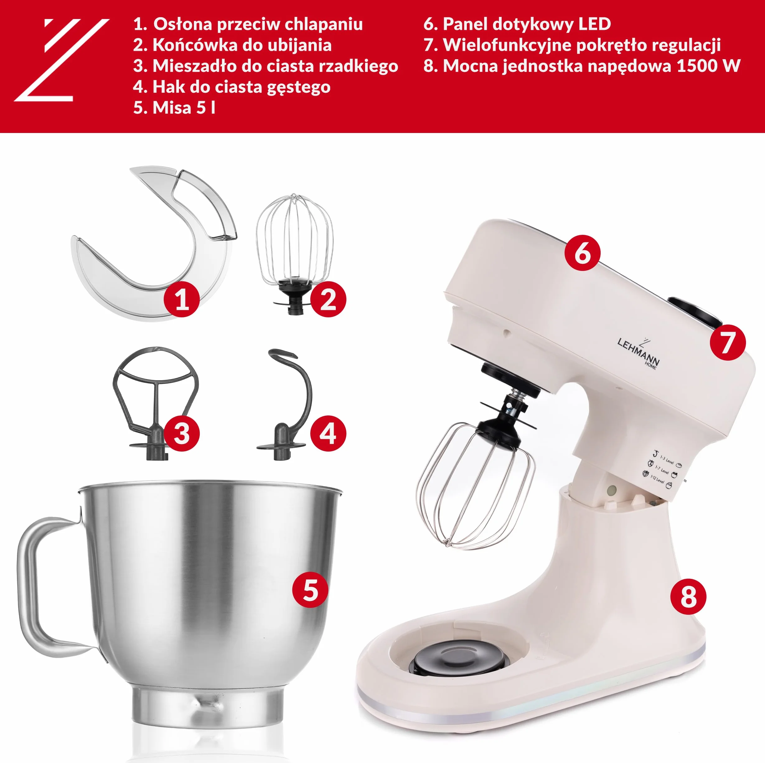 LEHMANN Robot planetarny kuchenny Aristo 1500 W funkcja fermentacji ogrzewania 12 prędkości timer miska 5 l