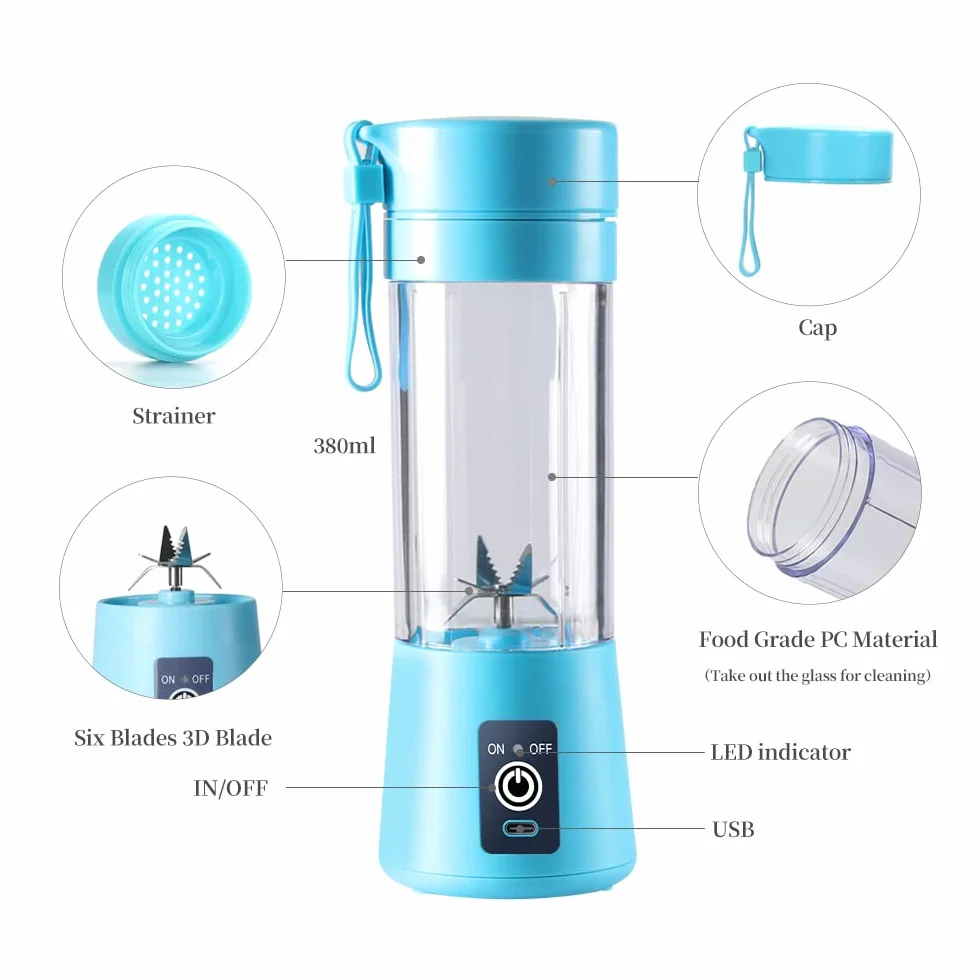 Przenośny blender, osobista wyciskarka do soku, ręczny mikser do owoców o pojemności 380 ml, ładowany przez USB, z 6 ostrzami Power Blender, podróżny, do smoothie i koktajli (niebieski)