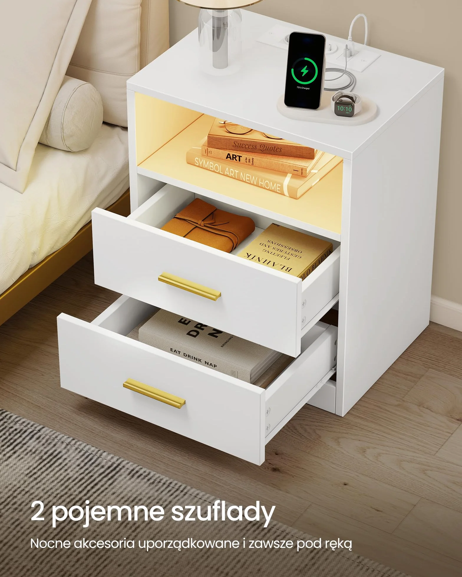 VASAGLE CUSTOS Stolik Nocny ze Stacją Ładującą LED 2xAC USB Szary Biały LET629WB01