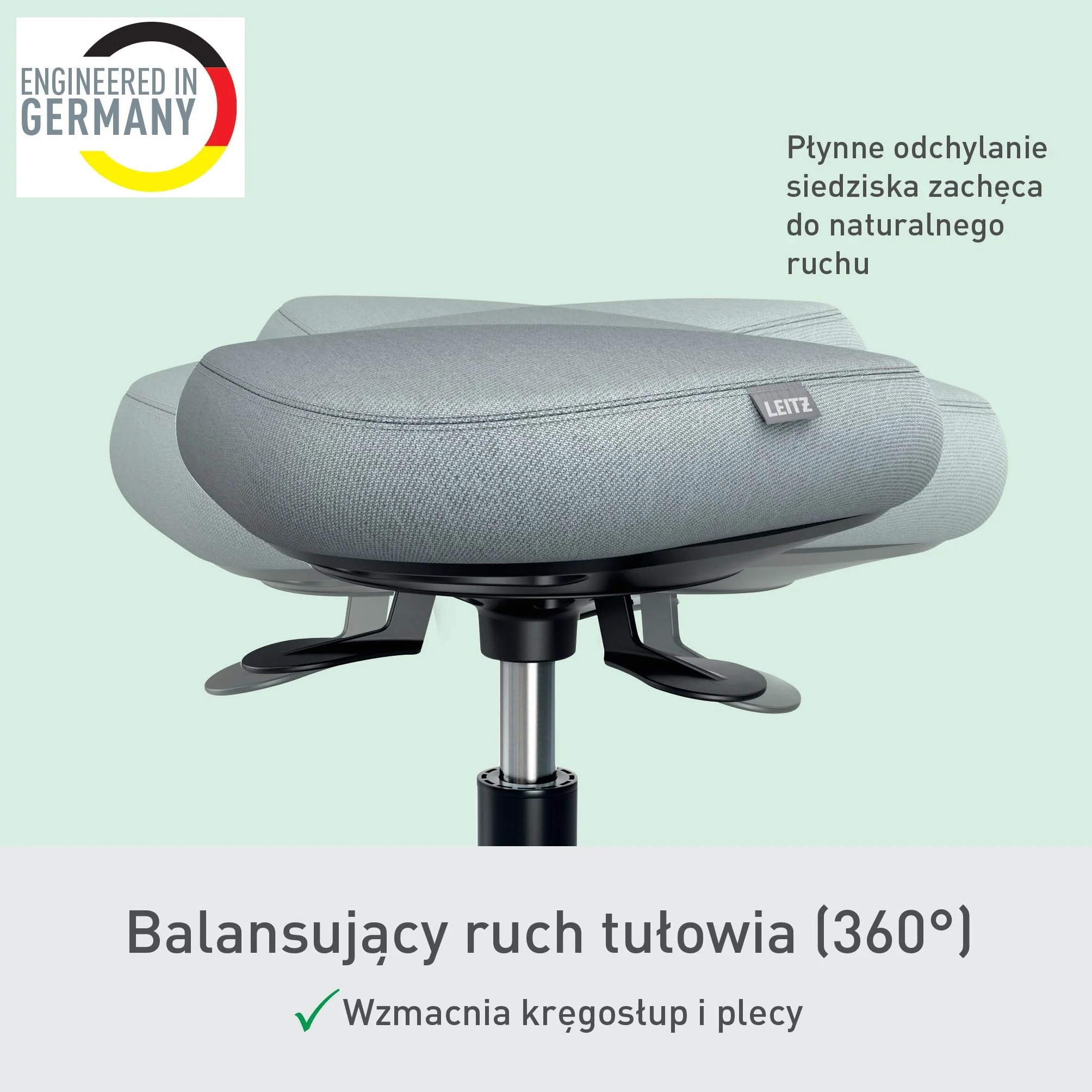 Leitz Ergo Active Stołek na Kółkach Ergonomiczny z Regulacją Wysokości 47-60cm Siedzisko z Poduszką Pianki Podwójnej Gęstości Czarny