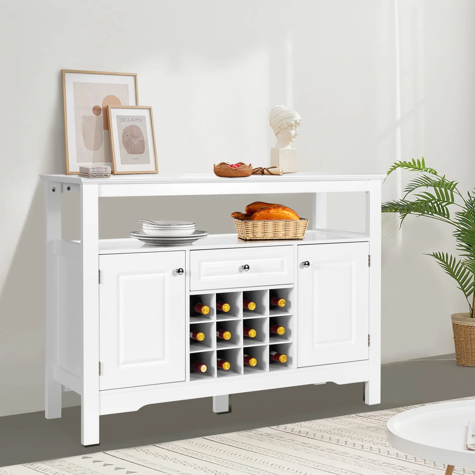 GOPLUS Kredens z Regałem na Wino Szafka Kuchenna 117x40,5x85,5 cm Biały