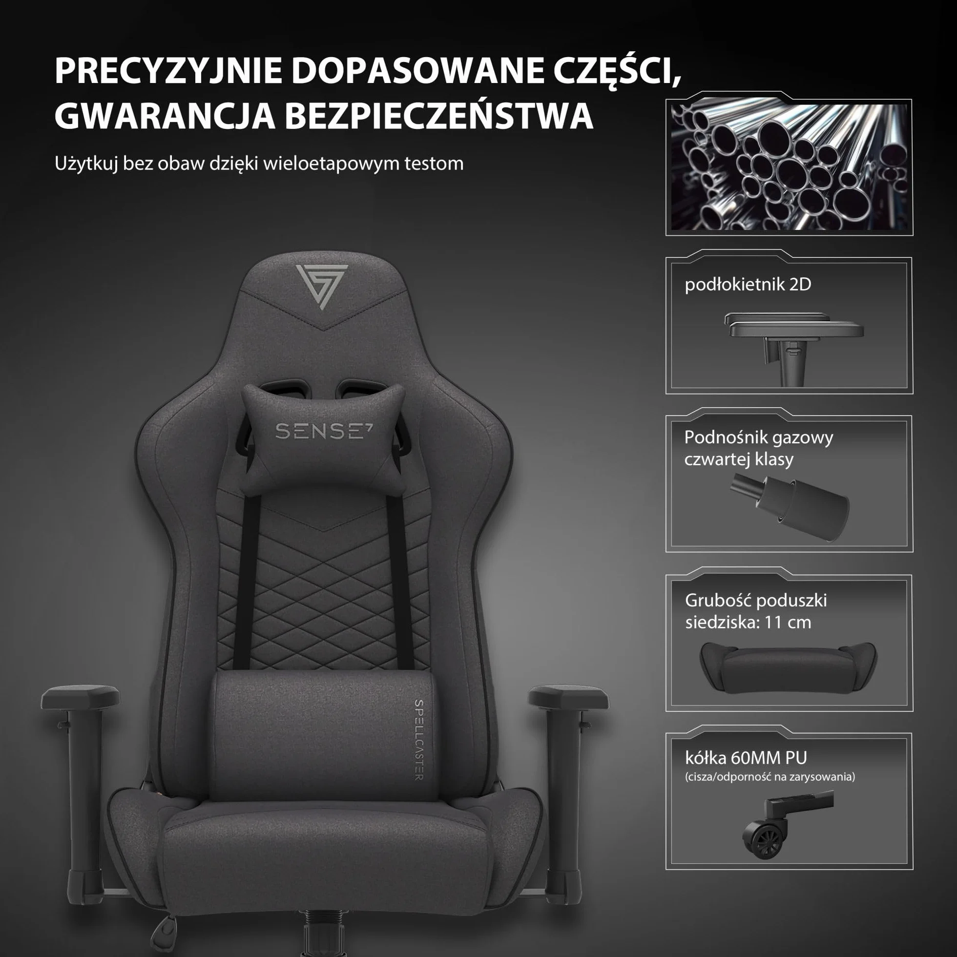 SENSE7 Spellcaster krzesło biurowe dla graczy ergonomiczne stalowa rama regulowane 43-52x69,5x57 cm czarno-szare
