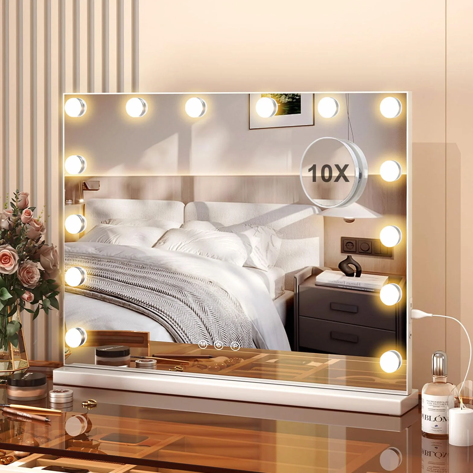 Lustro Hollywood LED 14 diod 3 tryby świecenia USB 10x powiększenie 50x40 cm