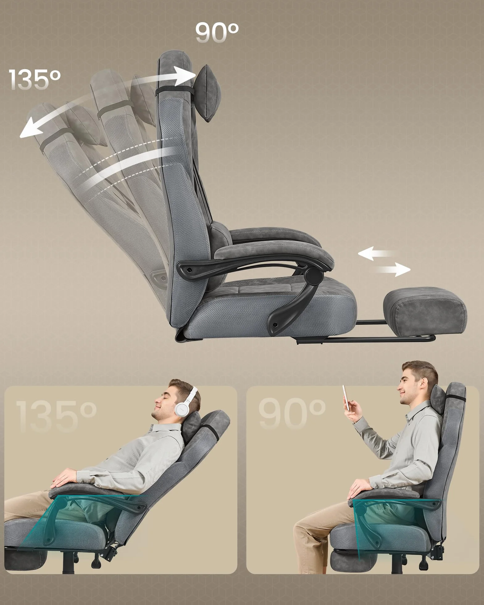 SONGMICS Fotel gamingowy OBG077G01, ergonomiczne wzornictwo, z podnóżkiem, regulowany zagłówek, podparcie lędźwi, nośność 150 kg, szary łupkowy