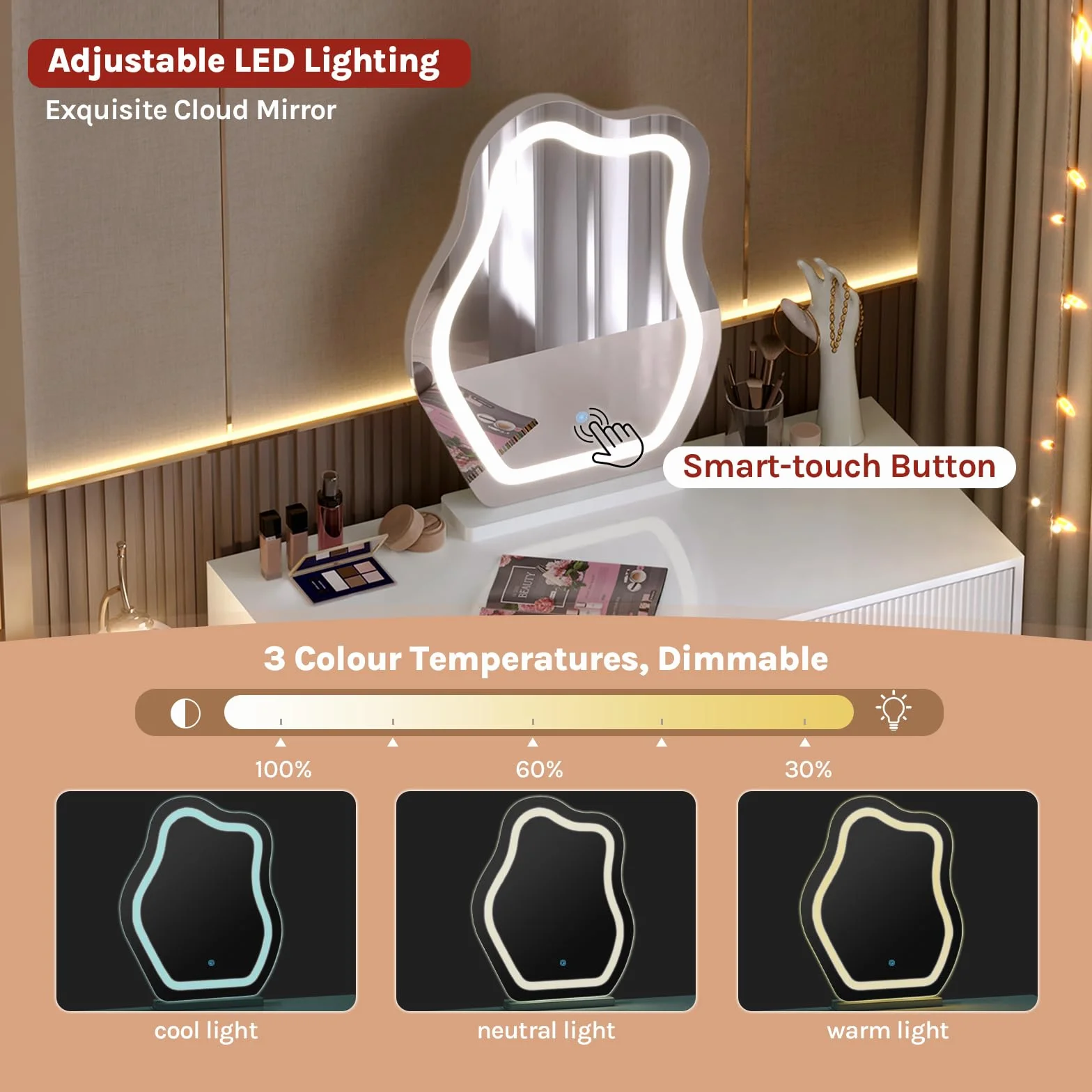 WOLTU MB6118ws-UK toaletka z przyciemnianym oświetleniem LED, biała toaletka z lustrem w kształcie chmury i 5 szufladami, stolik do makijażu z szafką boczną