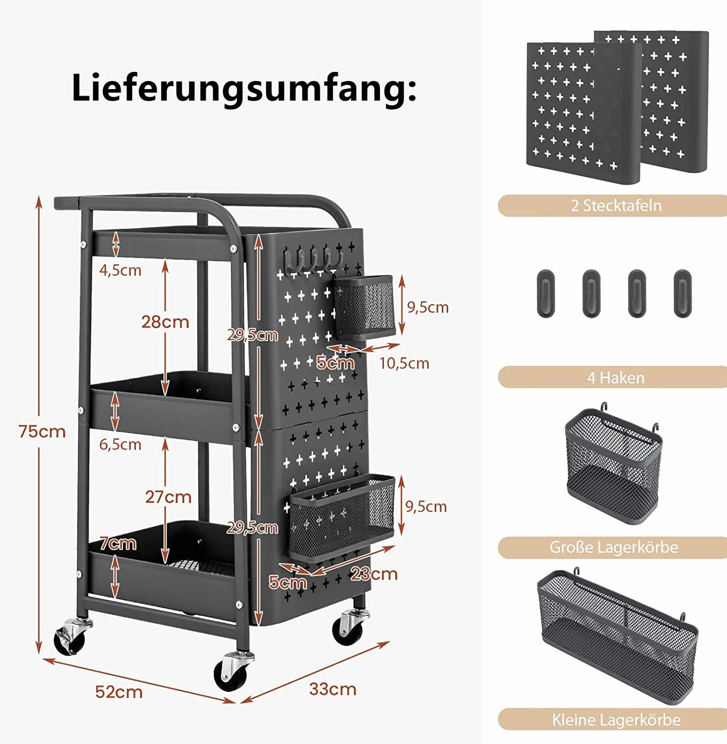 COSTWAY Wózek kuchenny 3 poziomy metalowy z 2 tablicami wtykowymi i 4 haczykami