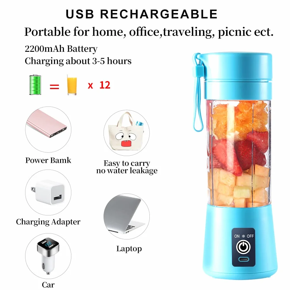 Przenośny blender, osobista wyciskarka do soku, ręczny mikser do owoców o pojemności 380 ml, ładowany przez USB, z 6 ostrzami Power Blender, podróżny, do smoothie i koktajli (niebieski)