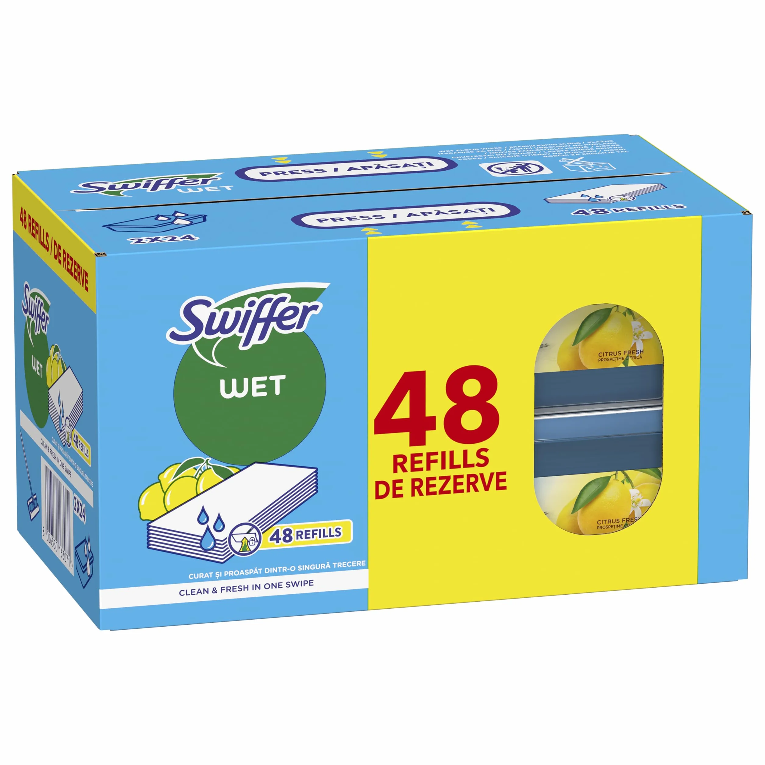 Swiffer Mokre Wkłady Wymienne do Mopa o Świeżym Zapachu Cytryny, 48 szt., Łatwe i Szybkie Czyszczenie Podłóg