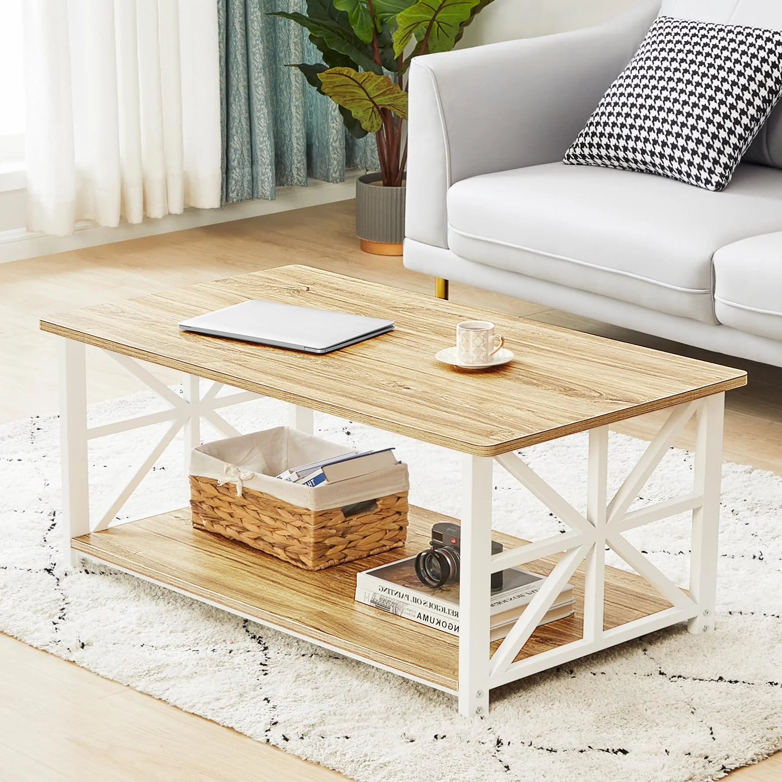 GreenForest Okrągły Narożny Stolik 100 cm z Półką, 2-poziomowa Rama X, Nowoczesny Design