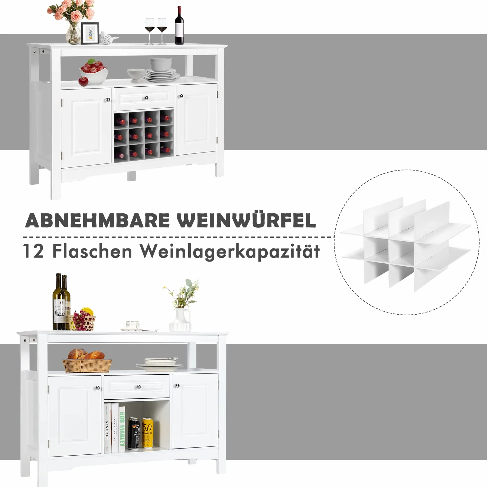 GOPLUS Kredens z Regałem na Wino Szafka Kuchenna 117x40,5x85,5 cm Biały