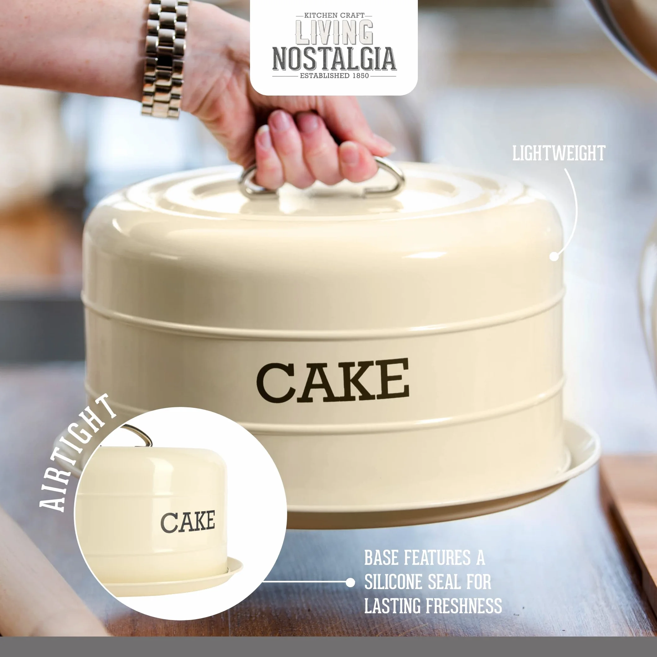 KitchenCraft Living Nostalgia, Szczelny Pojemnik / Patera na Ciasto, 30 × 18 × 18 cm - Kolor Kremowy