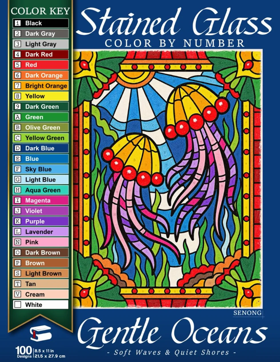 Gentle Oceans Stained Glass Color By Number: Soft Waves & Quiet Shores